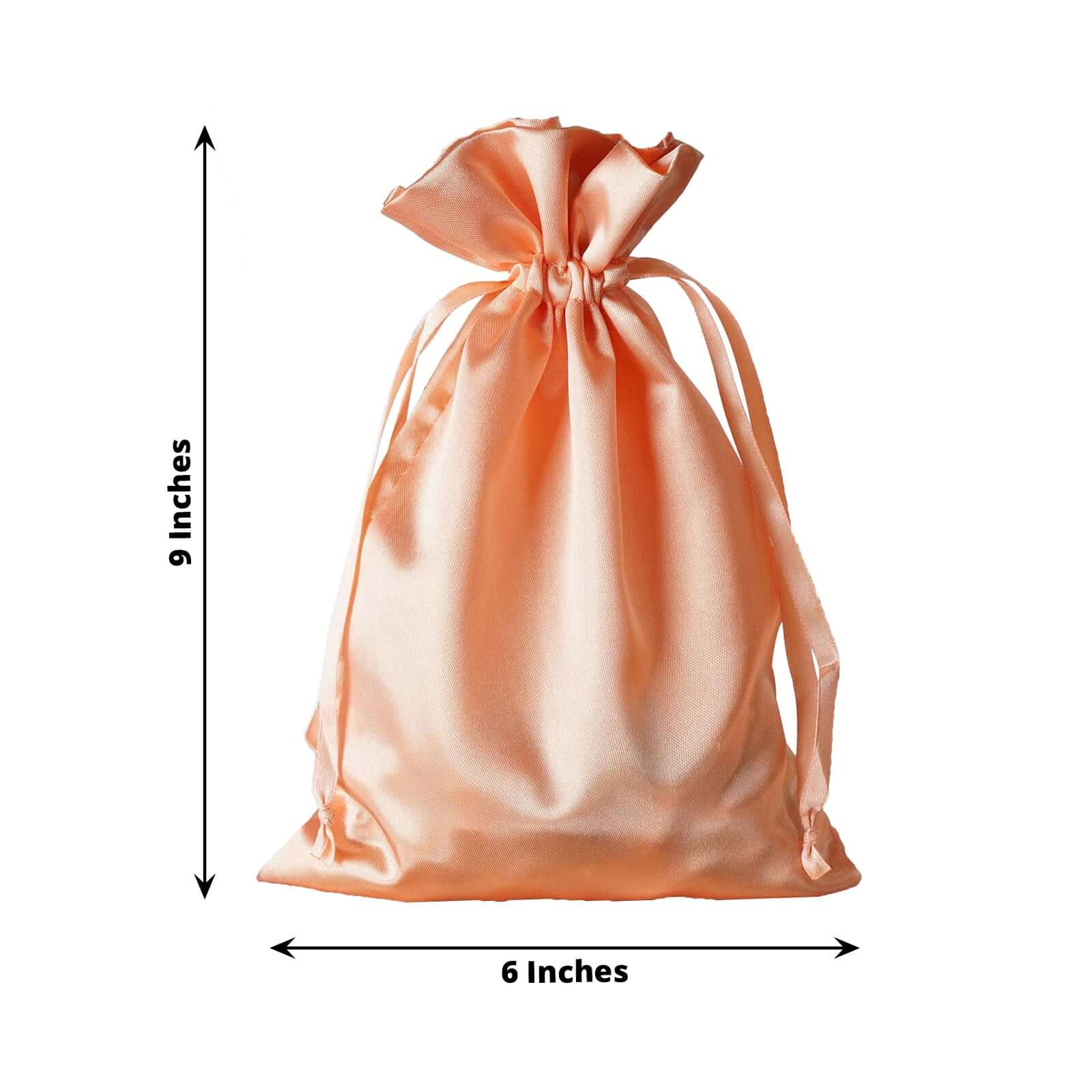 12 Pack 6"x9" Peach Satin Drawstring Wedding Party Favor Gift Bags - Linen Luxes