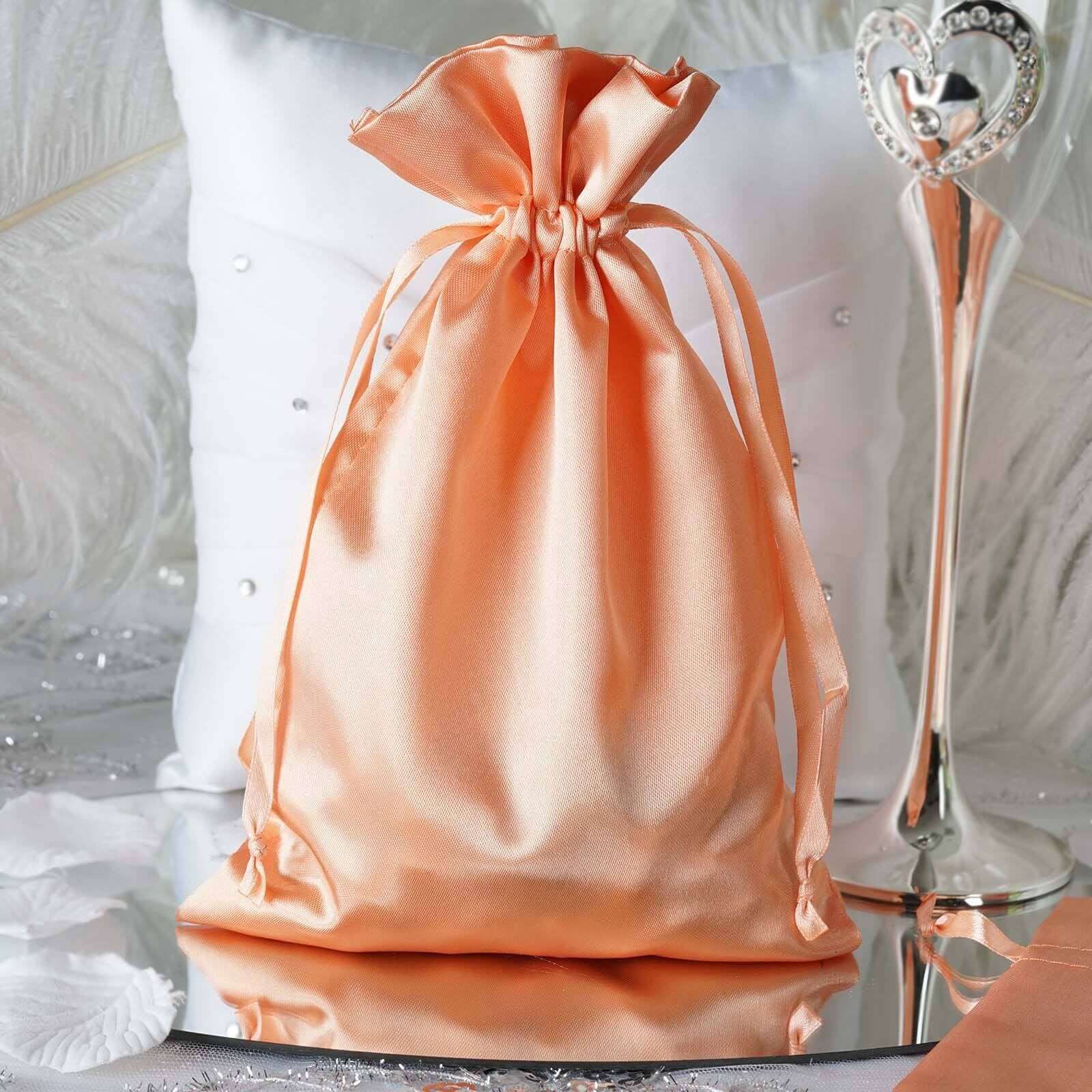 12 Pack 6"x9" Peach Satin Drawstring Wedding Party Favor Gift Bags - Linen Luxes
