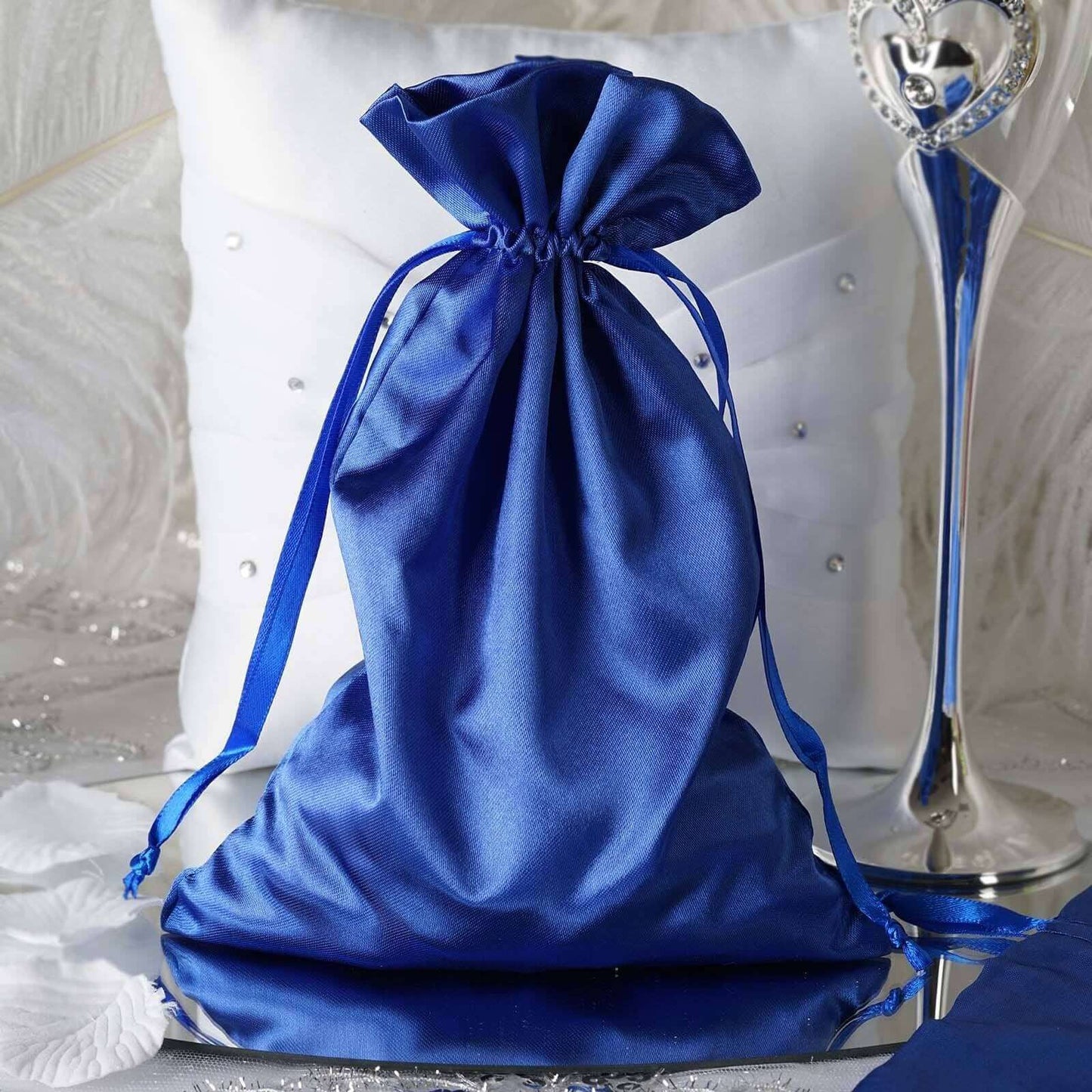 12 Pack 6"x9" Royal Blue Satin Wedding Party Favor Bags, Drawstring Pouch Gift Bags - Linen Luxes