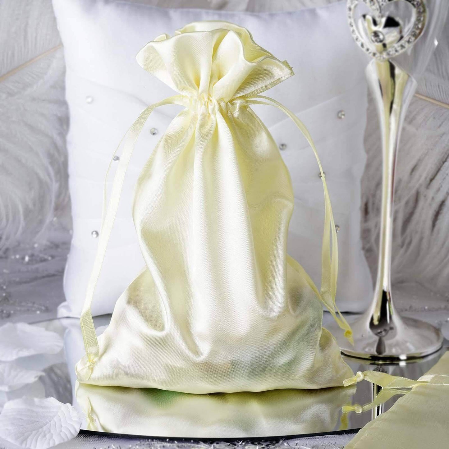 12 Pack 6"x9" Yellow Satin Drawstring Wedding Party Favor Gift Bags - Linen Luxes