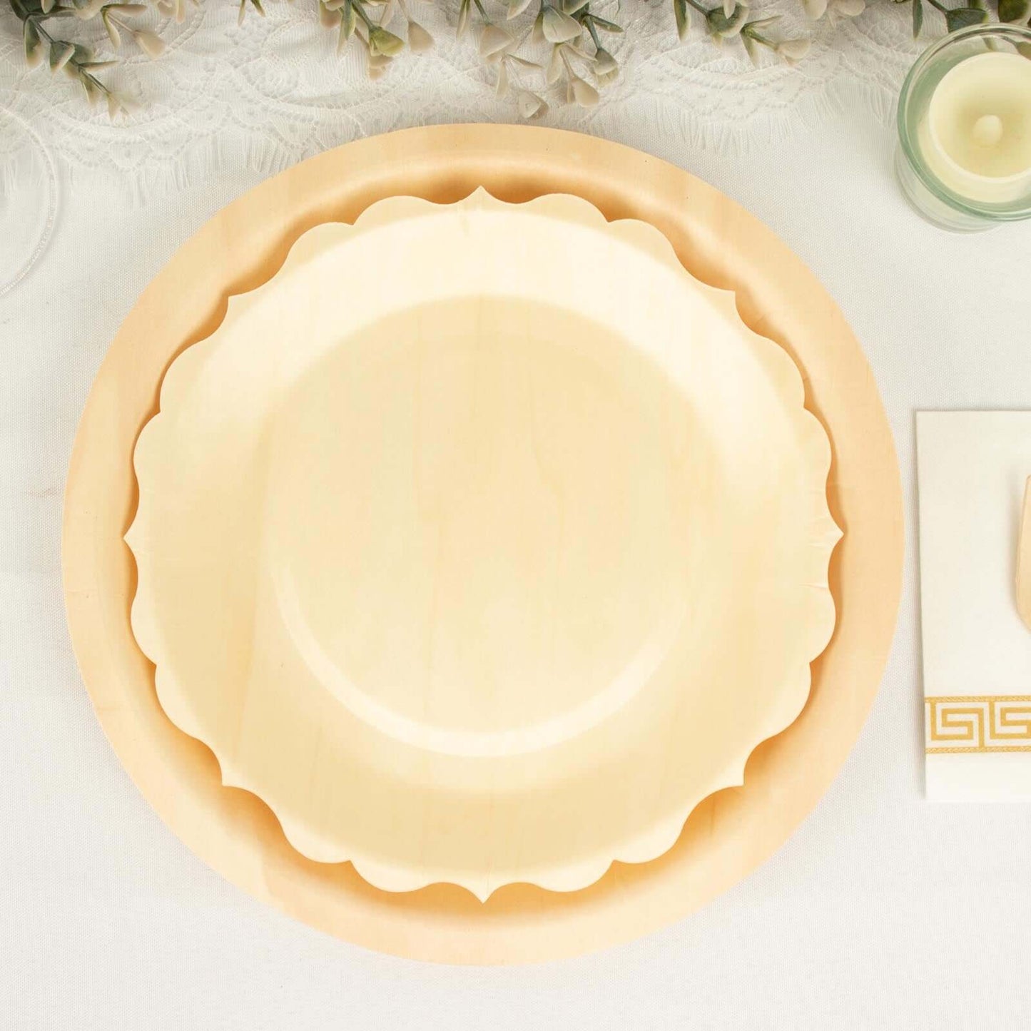 12-Pack Birchwood 9" Round Dinner Plates in Natural with Scalloped Rim - Eco Friendly Wooden Disposable Plates for Farmhouse-Style Events, Parties & Gatherings
