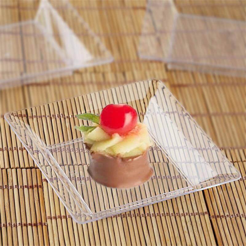 12 - Pack Appetizer Plates Mini Square Design Clear - Plastic Disposable Plates for Desserts 4" - Linen Luxes