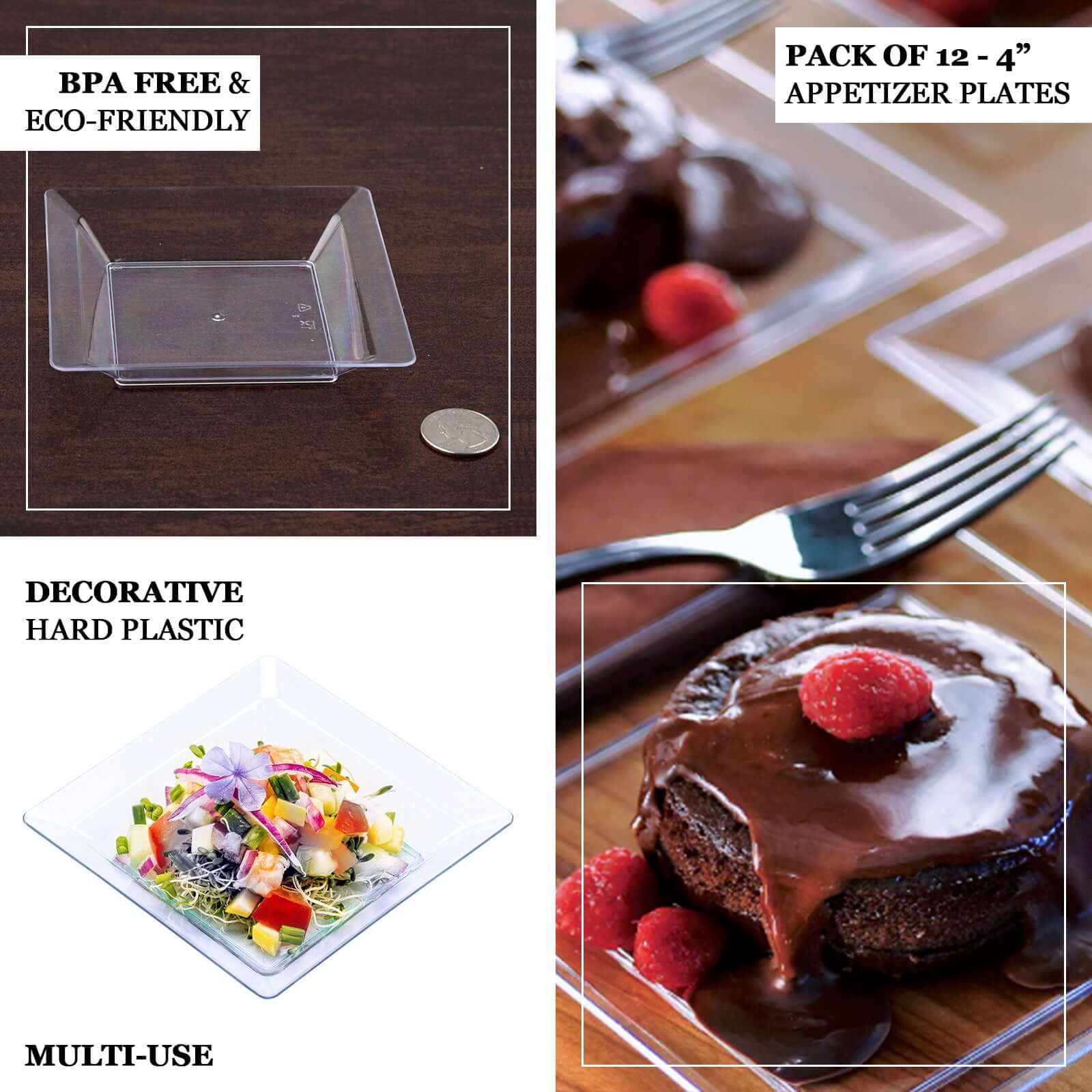 12 - Pack Appetizer Plates Mini Square Design Clear - Plastic Disposable Plates for Desserts 4" - Linen Luxes