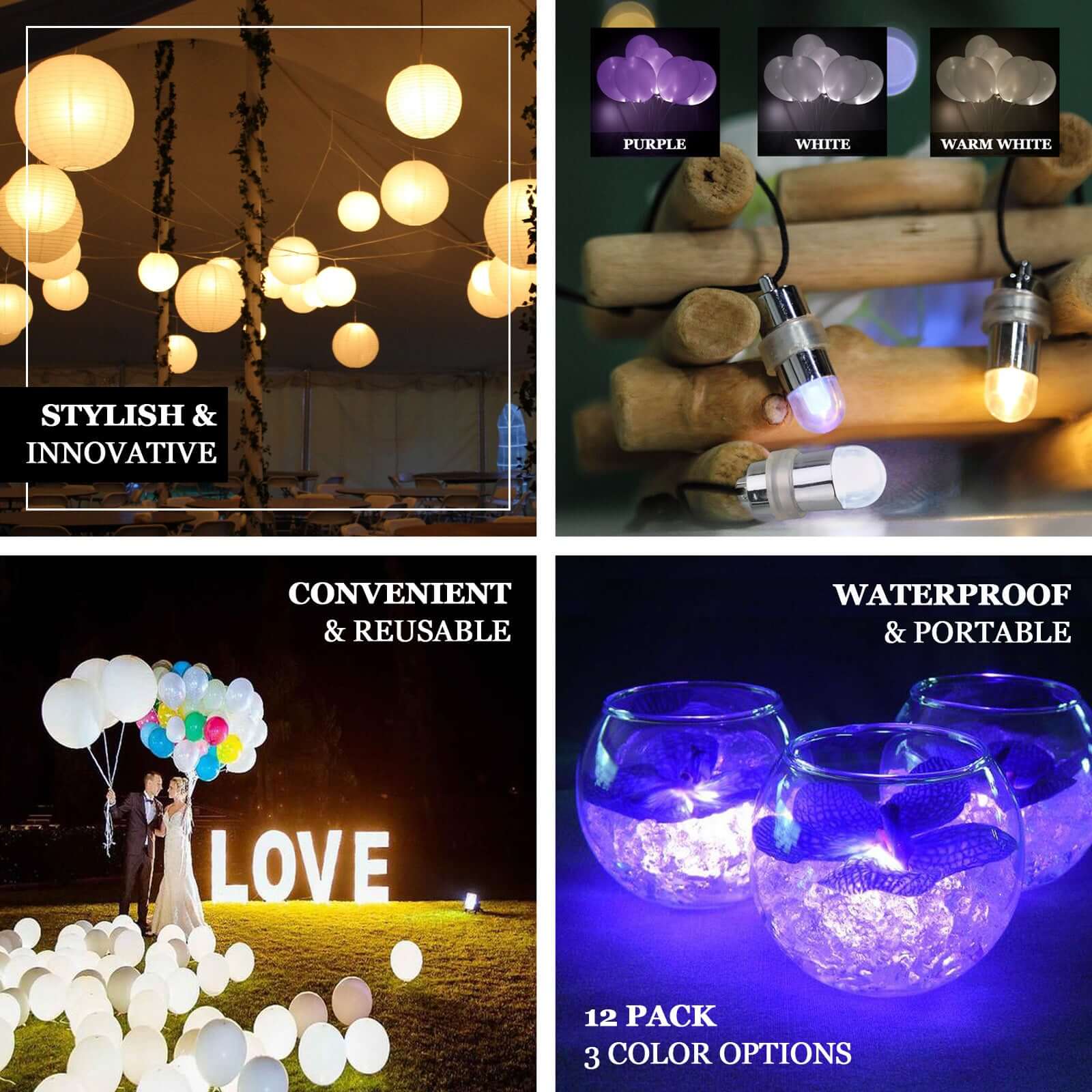 12 - Pack Balloon Lights Bullet Design Purple - Waterproof LED Centerpiece Filler Lights - Linen Luxes