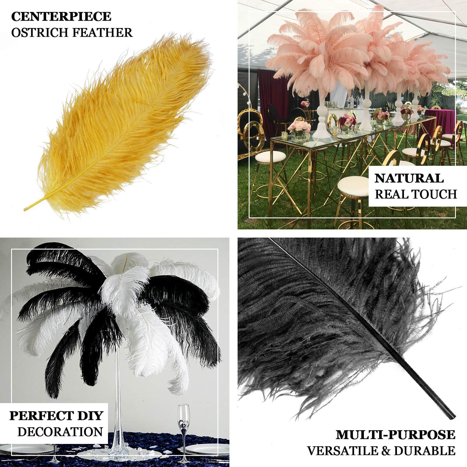 12 Pack Black Natural Plume Ostrich Feathers Centerpiece Filler - 24" - 26" - Linen Luxes