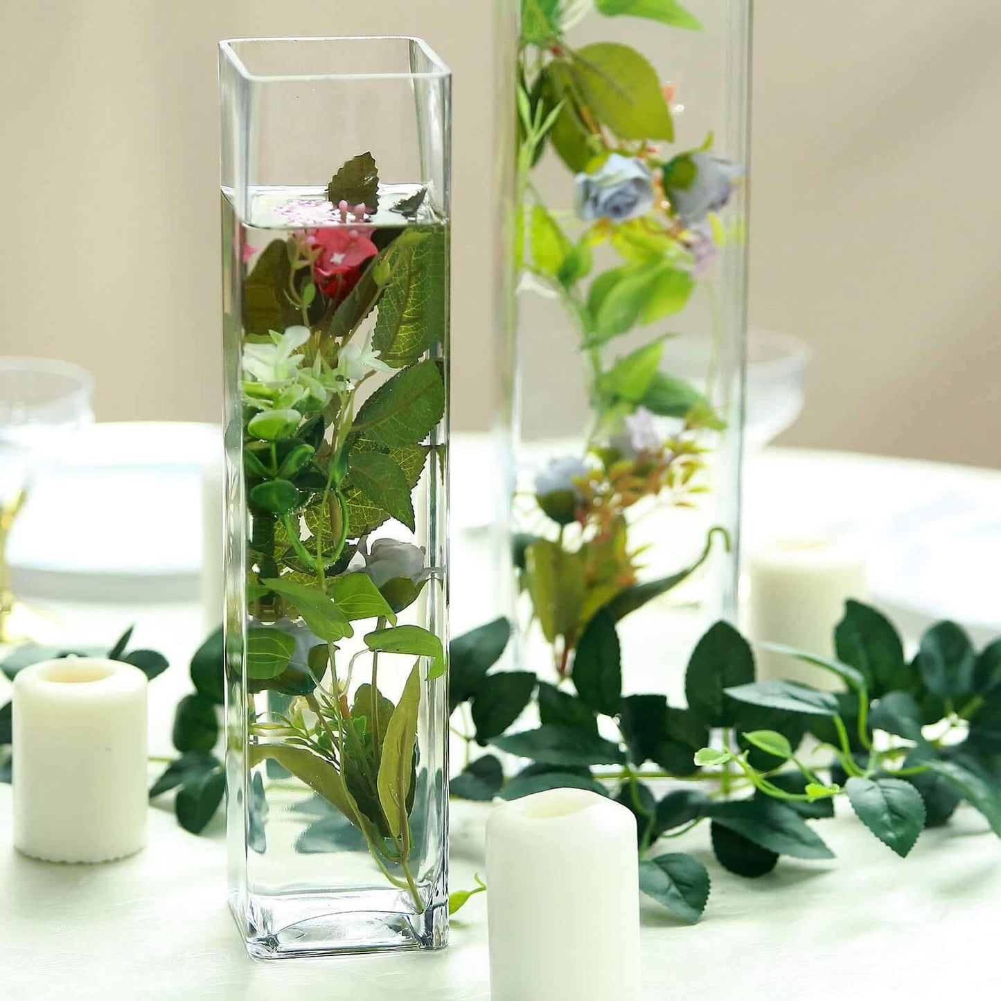 12 - Pack Glass Cylinder Vases Square Clear - Durable Heavy Duty Floral Centerpieces for Weddings 14" - Linen Luxes