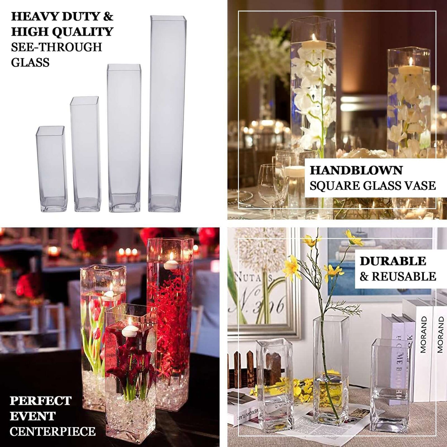 12 - Pack Glass Cylinder Vases Square Clear - Durable Heavy Duty Floral Centerpieces for Weddings 14" - Linen Luxes