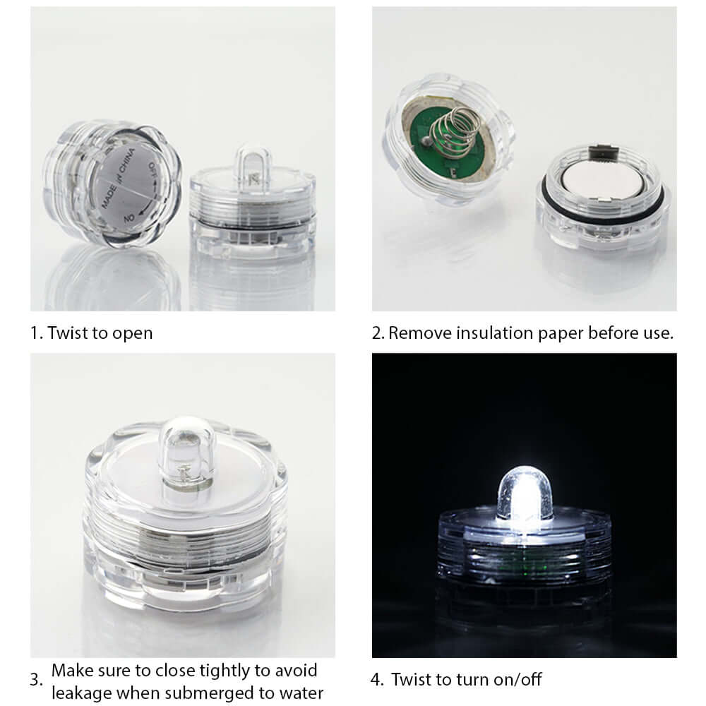 12 - Pack LED Lights Flower Design - Submersible Waterproof White Battery Operated - Linen Luxes