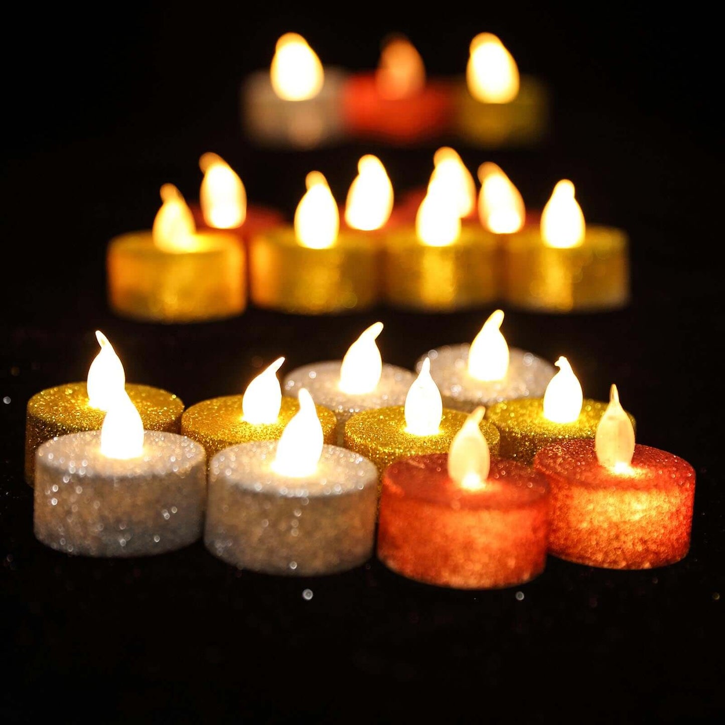 12 - Pack LED Tealight Candles Glitter Silver Design - Flameless Battery Operated Tea Lights - Linen Luxes