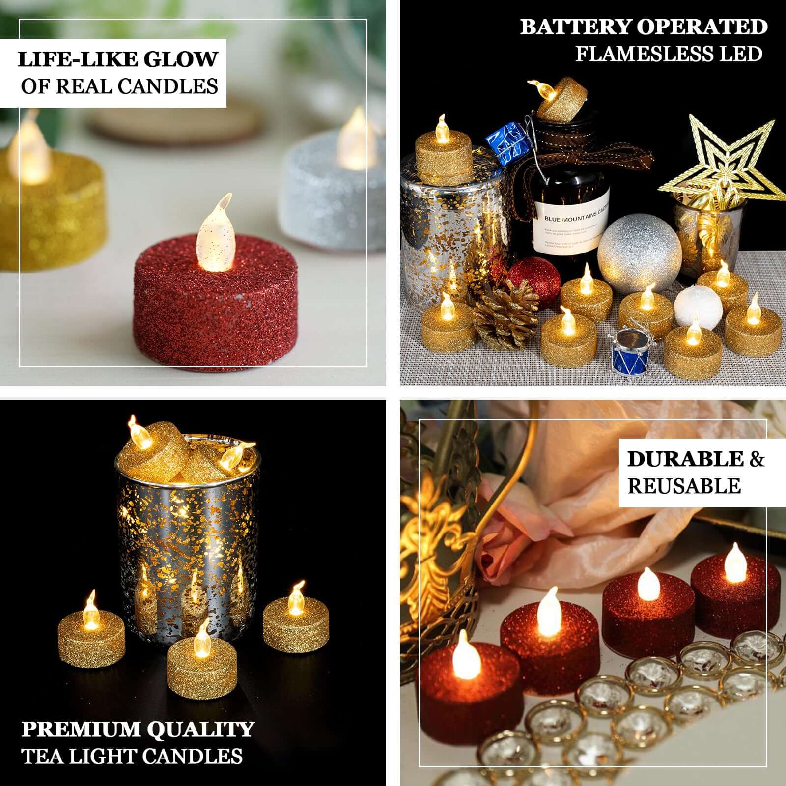 12 - Pack LED Tealight Candles Glitter Silver Design - Flameless Battery Operated Tea Lights - Linen Luxes