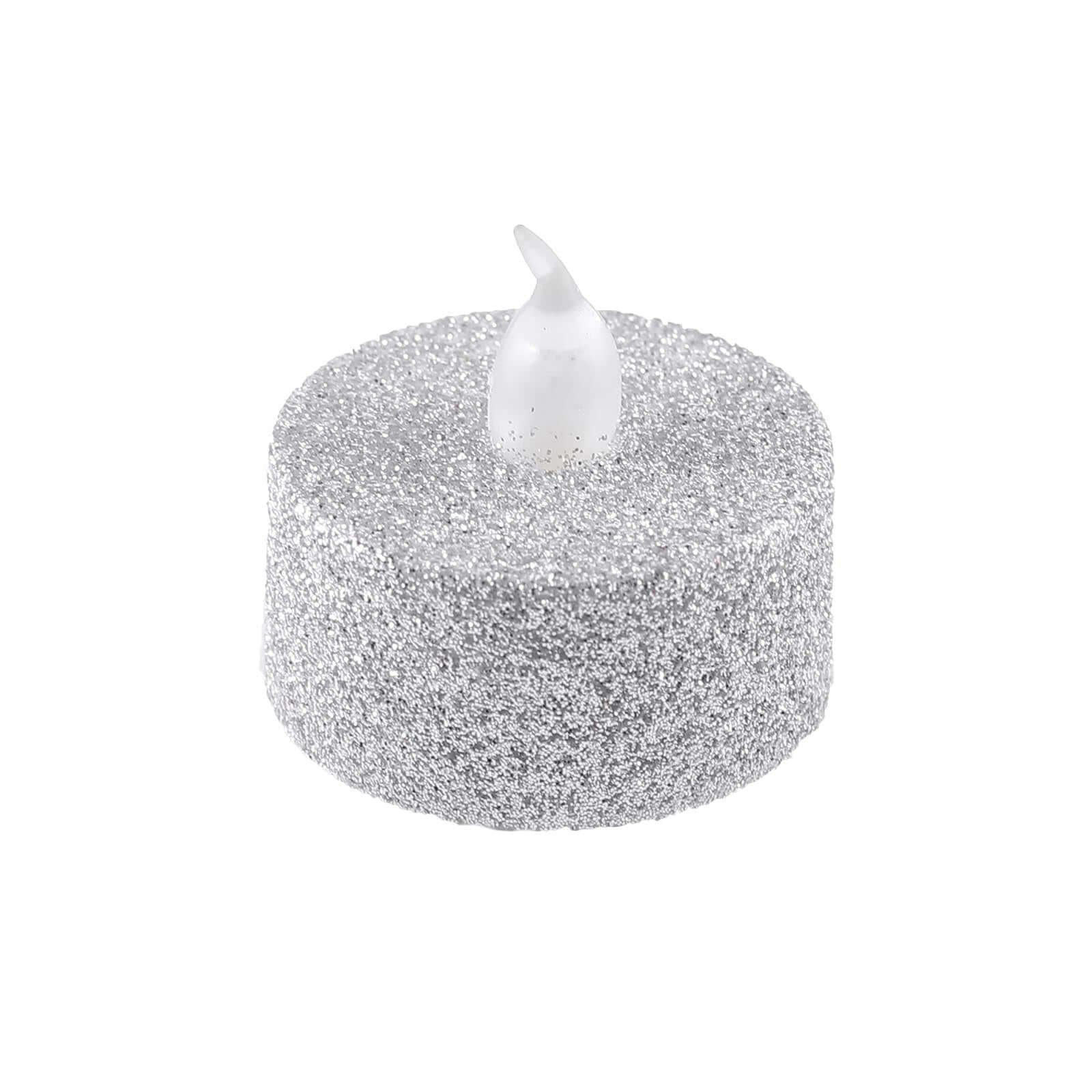 12 - Pack LED Tealight Candles Glitter Silver Design - Flameless Battery Operated Tea Lights - Linen Luxes