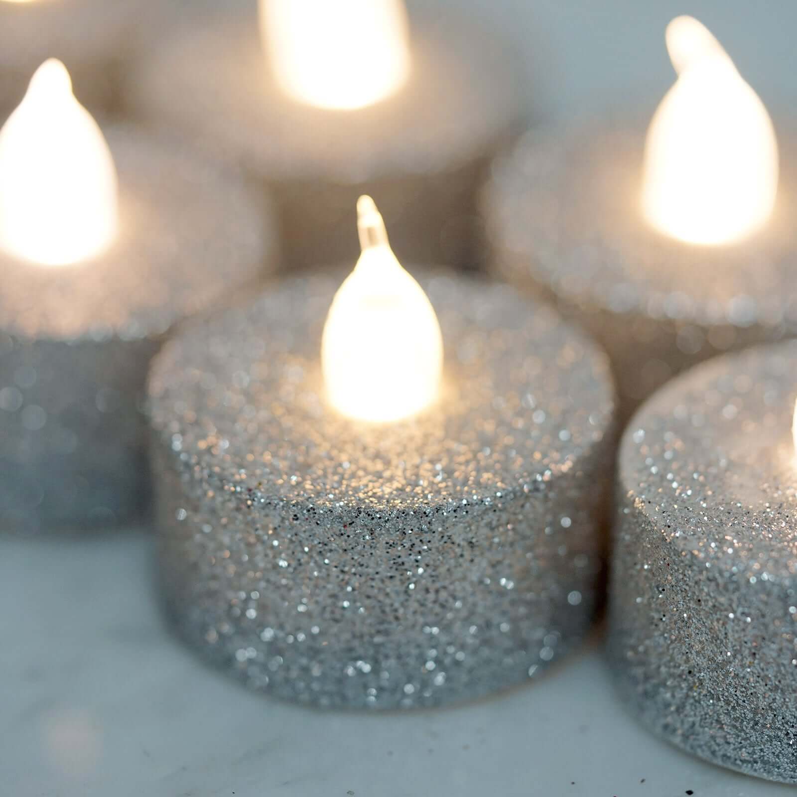 12 - Pack LED Tealight Candles Glitter Silver Design - Flameless Battery Operated Tea Lights - Linen Luxes