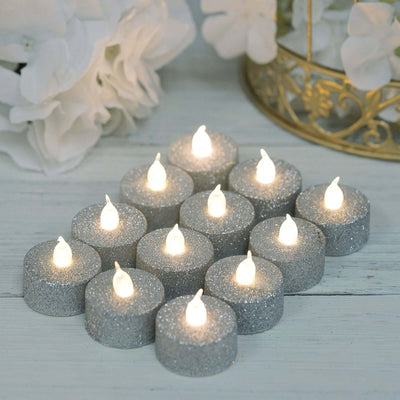 12 - Pack LED Tealight Candles Glitter Silver Design - Flameless Battery Operated Tea Lights - Linen Luxes