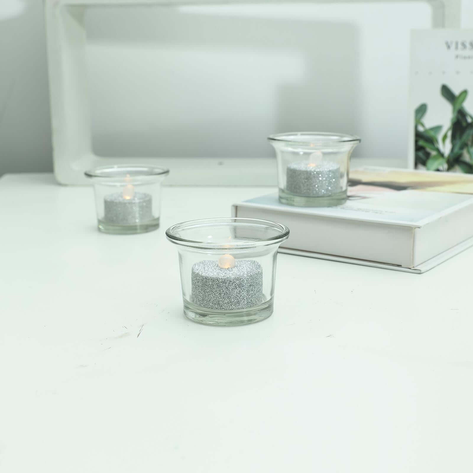 12 - Pack LED Tealight Candles Glitter Silver Design - Flameless Battery Operated Tea Lights - Linen Luxes