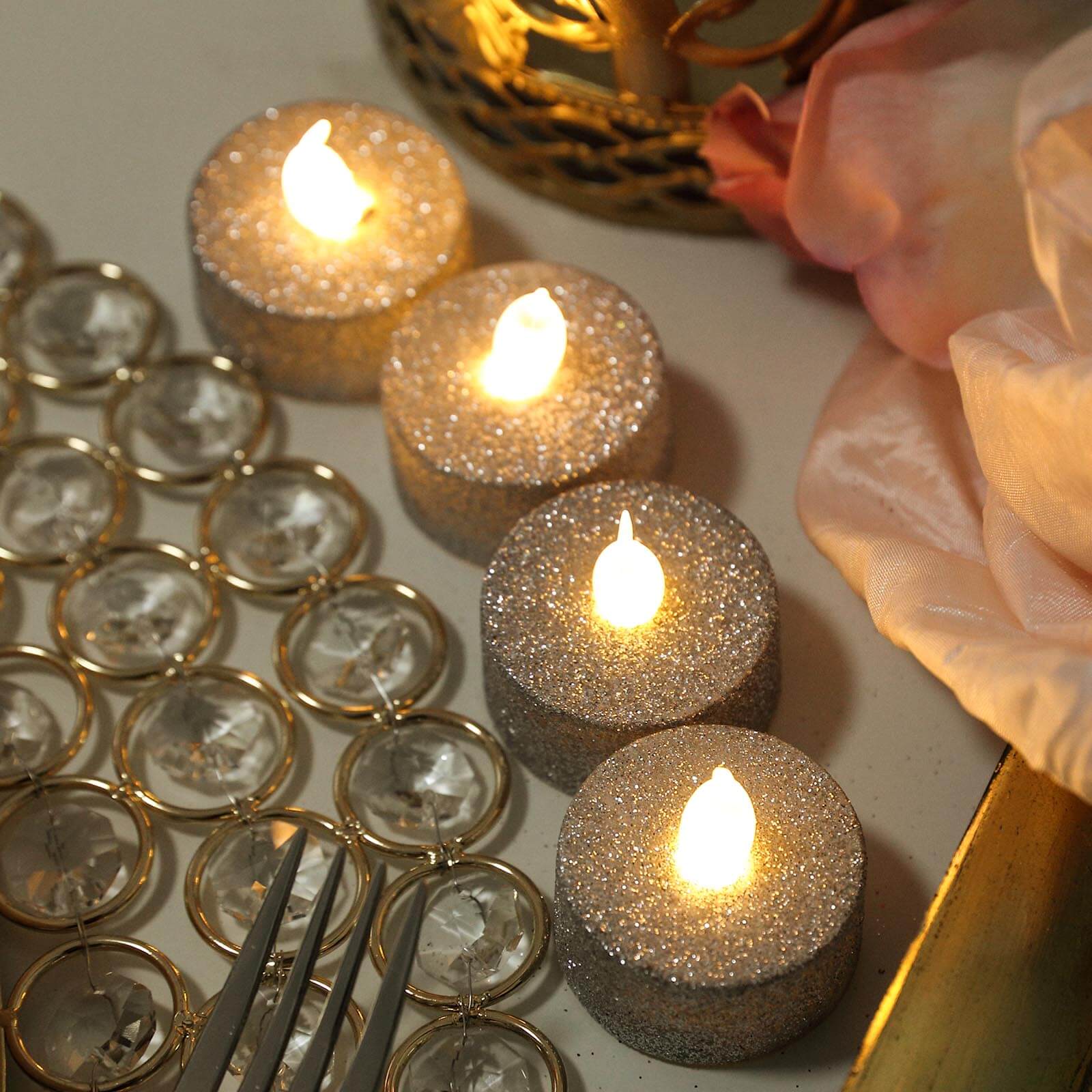 12 - Pack LED Tealight Candles Glitter Silver Design - Flameless Battery Operated Tea Lights - Linen Luxes