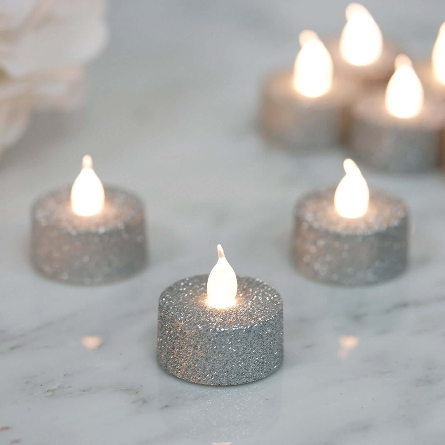 12 - Pack LED Tealight Candles Glitter Silver Design - Flameless Battery Operated Tea Lights - Linen Luxes