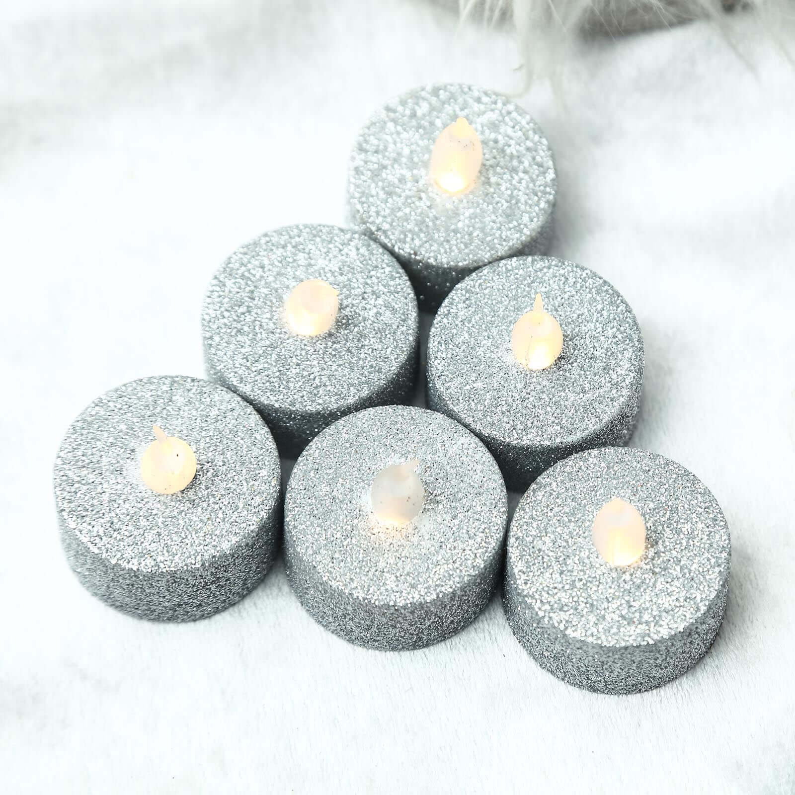 12 - Pack LED Tealight Candles Glitter Silver Design - Flameless Battery Operated Tea Lights - Linen Luxes