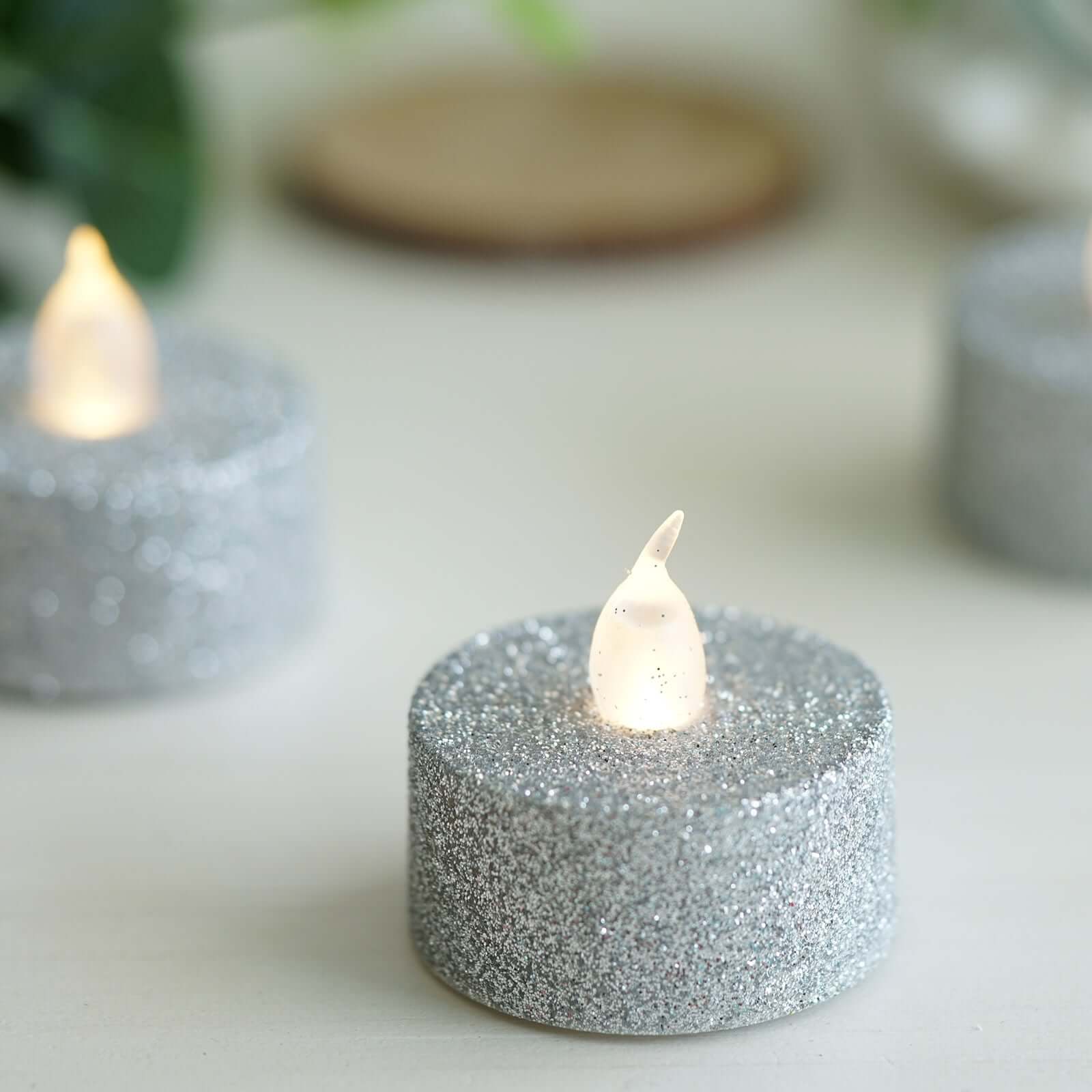 12 - Pack LED Tealight Candles Glitter Silver Design - Flameless Battery Operated Tea Lights - Linen Luxes