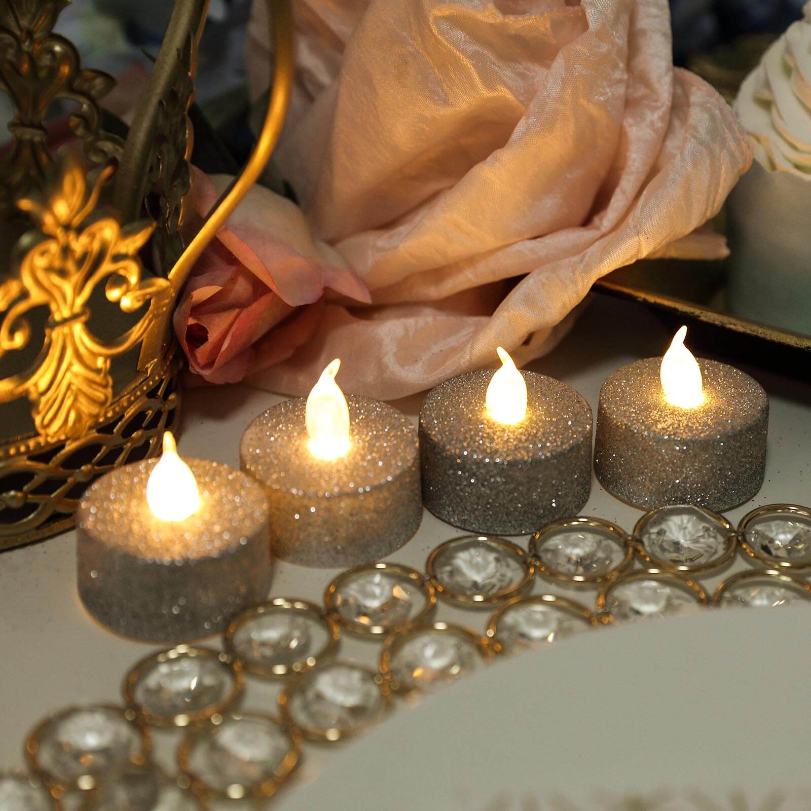 12 - Pack LED Tealight Candles Glitter Silver Design - Flameless Battery Operated Tea Lights - Linen Luxes