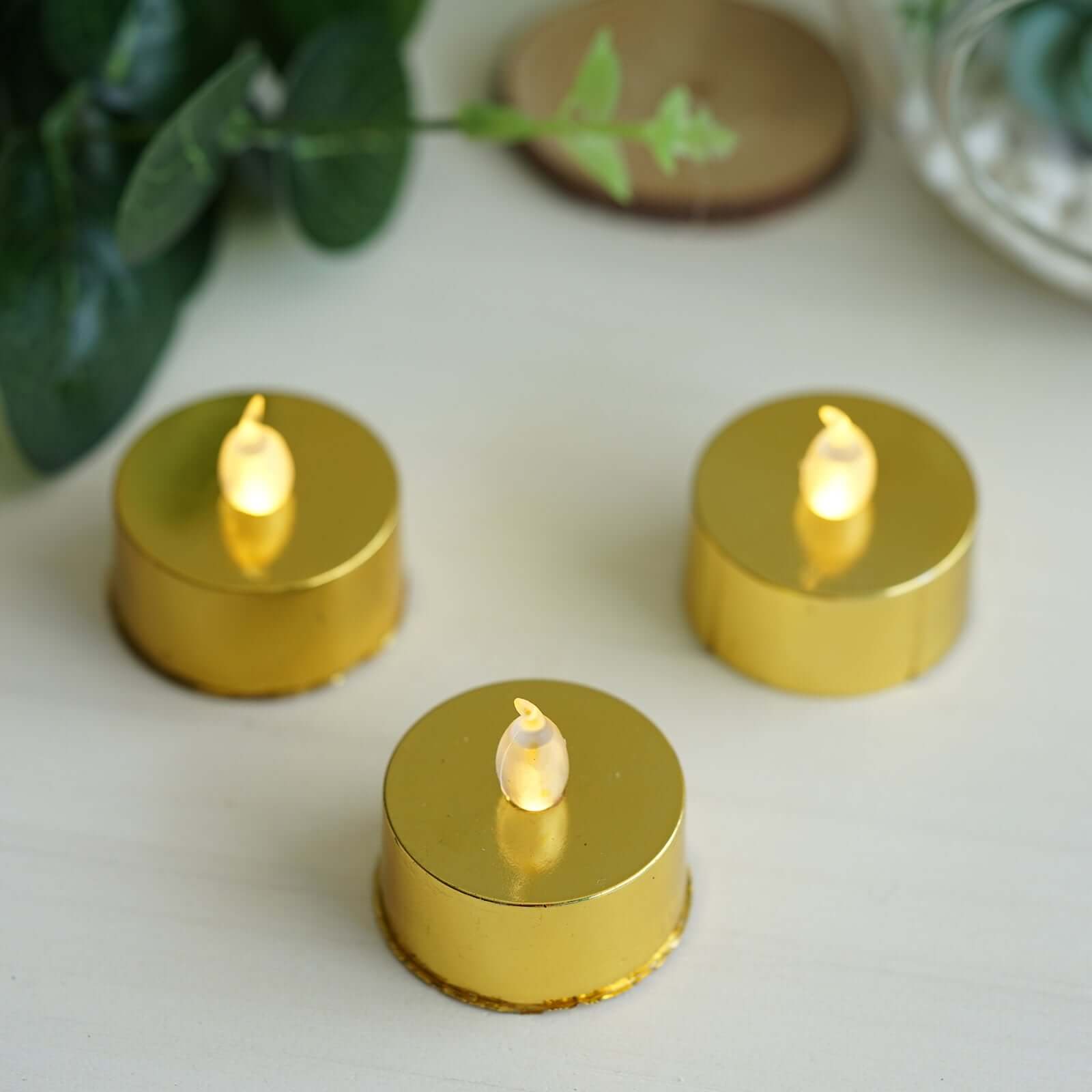 12 - Pack LED Tealight Candles Metallic Gold Design - Reusable Flameless Battery Operated Lights - Linen Luxes