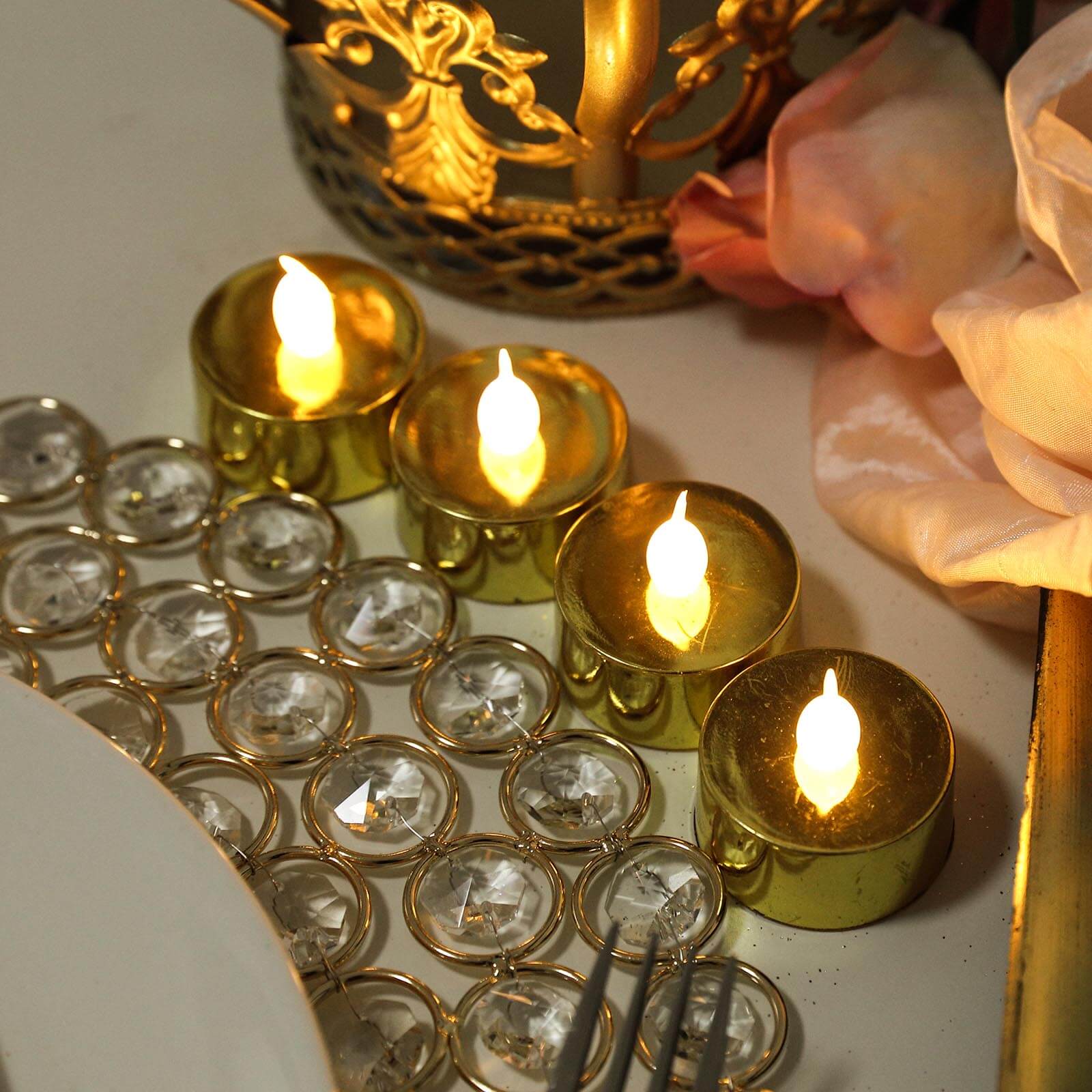 12 - Pack LED Tealight Candles Metallic Gold Design - Reusable Flameless Battery Operated Lights - Linen Luxes