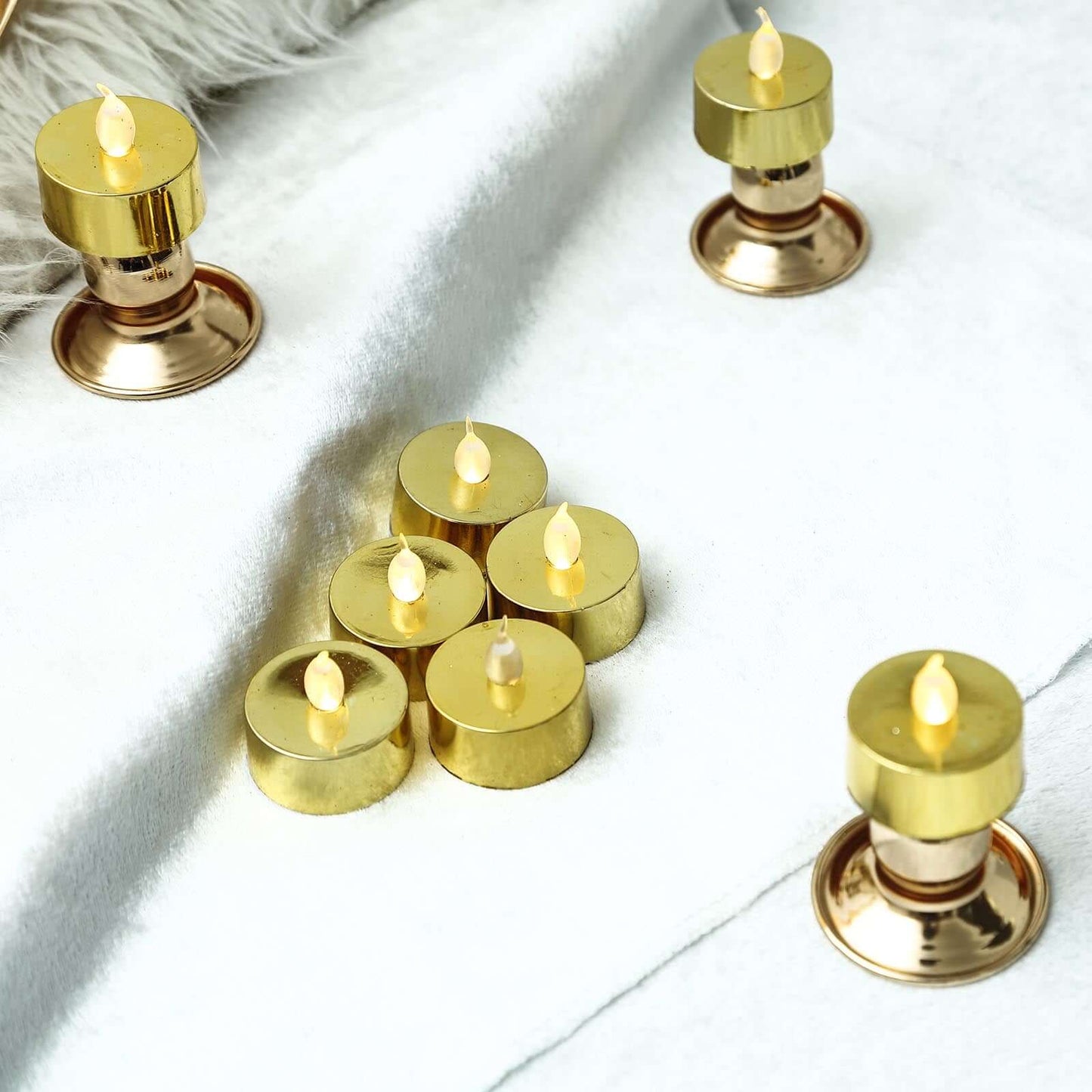 12 - Pack LED Tealight Candles Metallic Gold Design - Reusable Flameless Battery Operated Lights - Linen Luxes