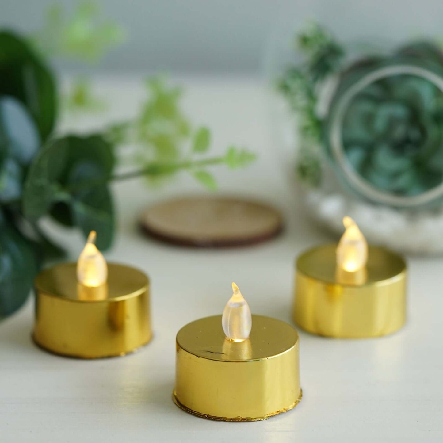 12 - Pack LED Tealight Candles Metallic Gold Design - Reusable Flameless Battery Operated Lights - Linen Luxes