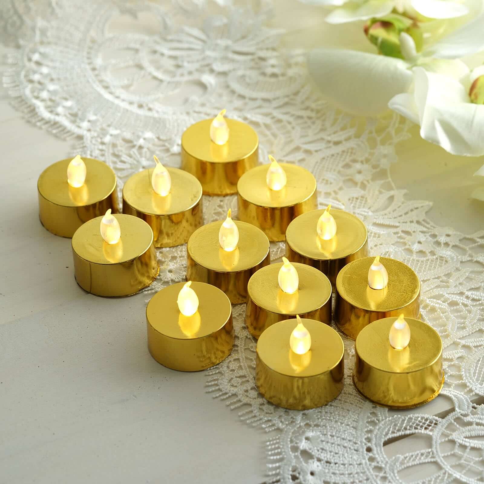 12 - Pack LED Tealight Candles Metallic Gold Design - Reusable Flameless Battery Operated Lights - Linen Luxes