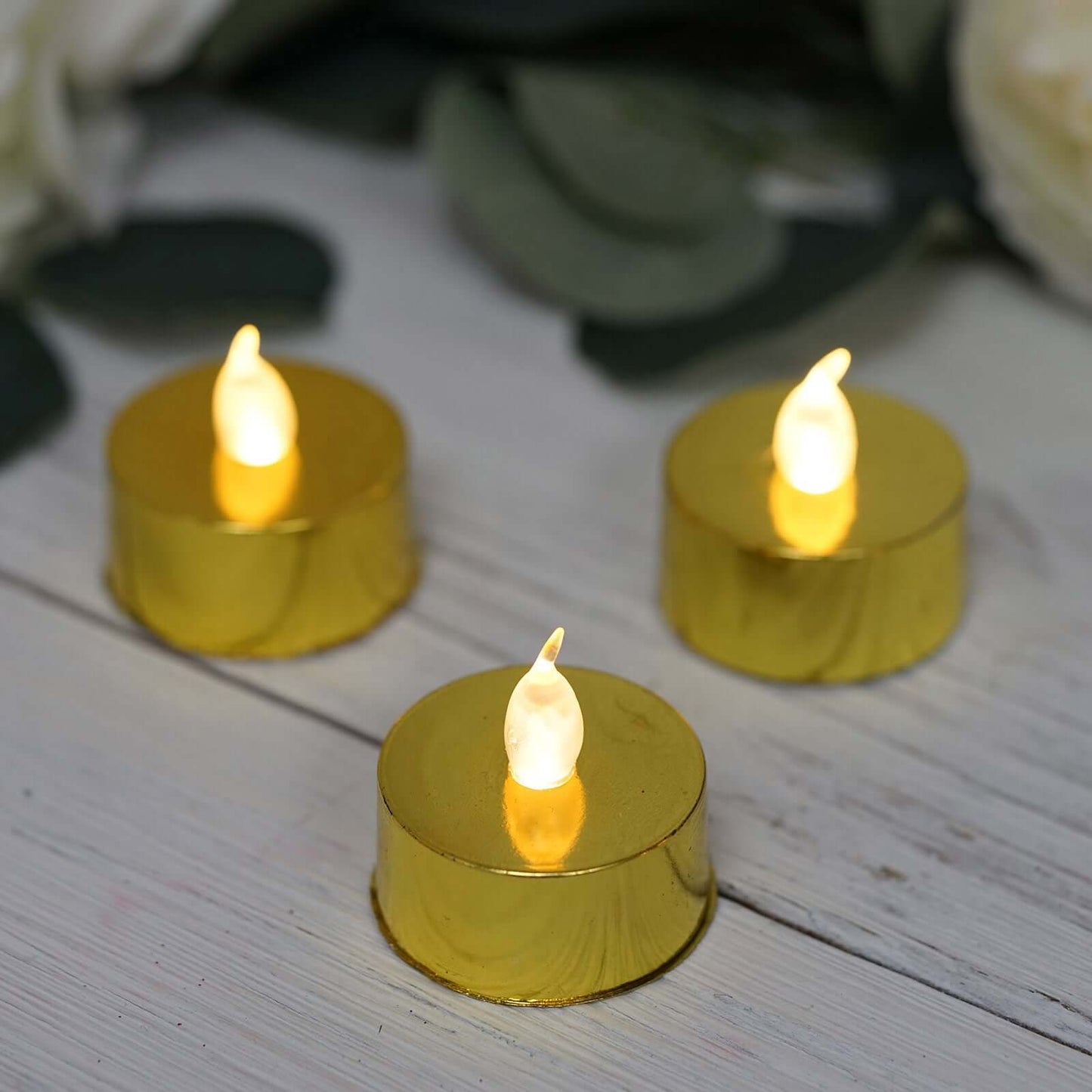 12 - Pack LED Tealight Candles Metallic Gold Design - Reusable Flameless Battery Operated Lights - Linen Luxes