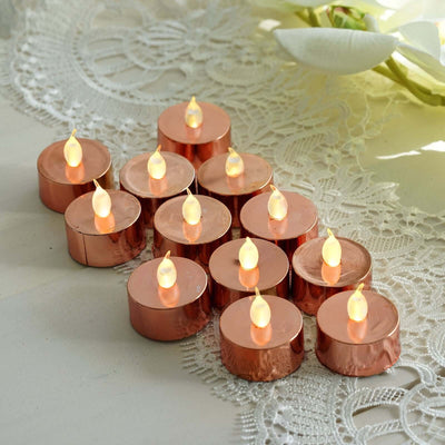 12 - Pack LED Tealight Candles Rose Gold Metallic Design - Reusable Flameless Battery Operated Lights - Linen Luxes