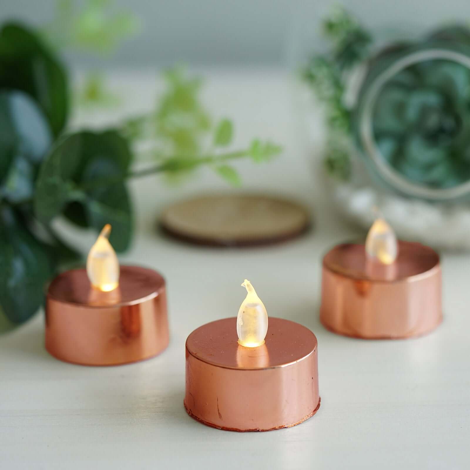 12 - Pack LED Tealight Candles Rose Gold Metallic Design - Reusable Flameless Battery Operated Lights - Linen Luxes