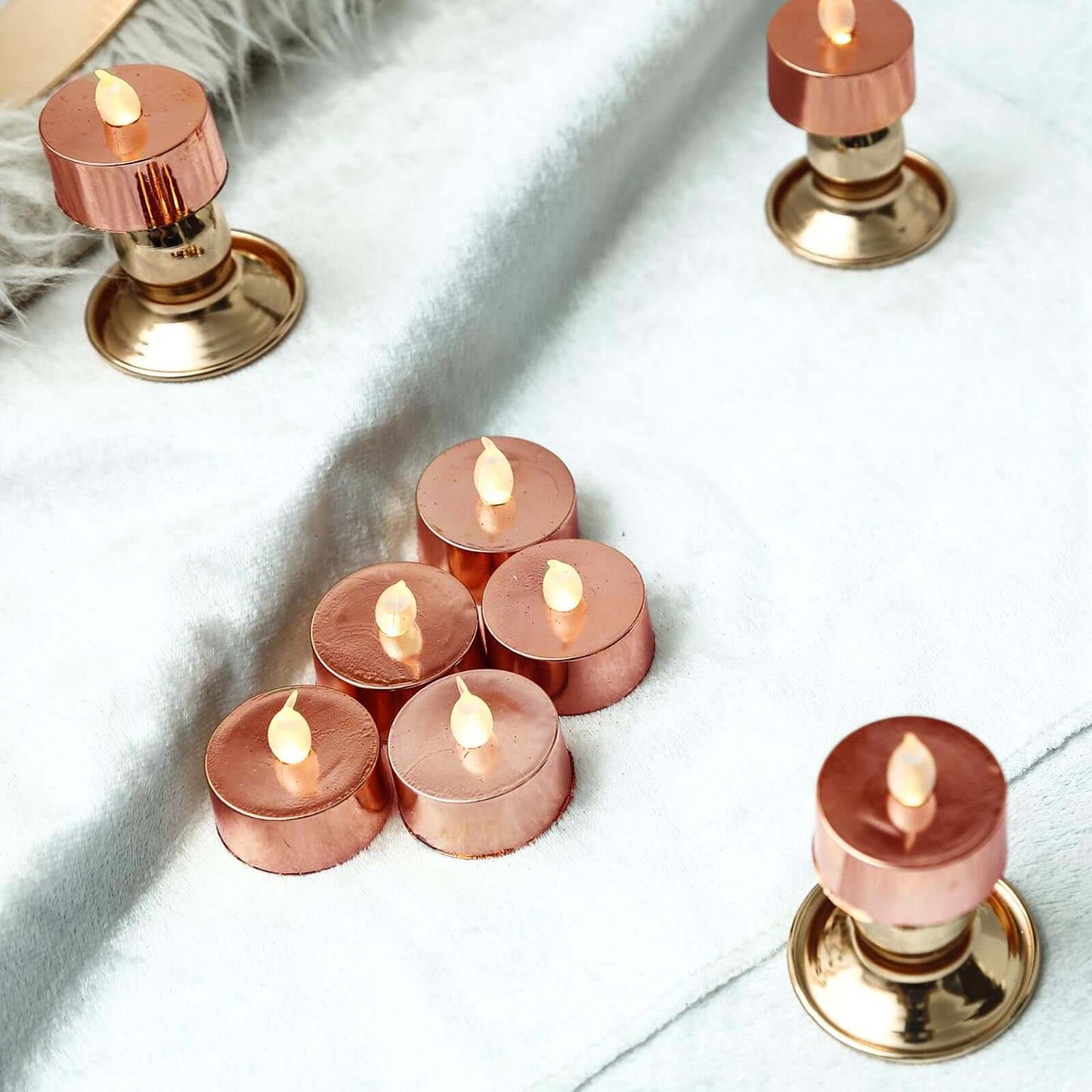12 - Pack LED Tealight Candles Rose Gold Metallic Design - Reusable Flameless Battery Operated Lights - Linen Luxes
