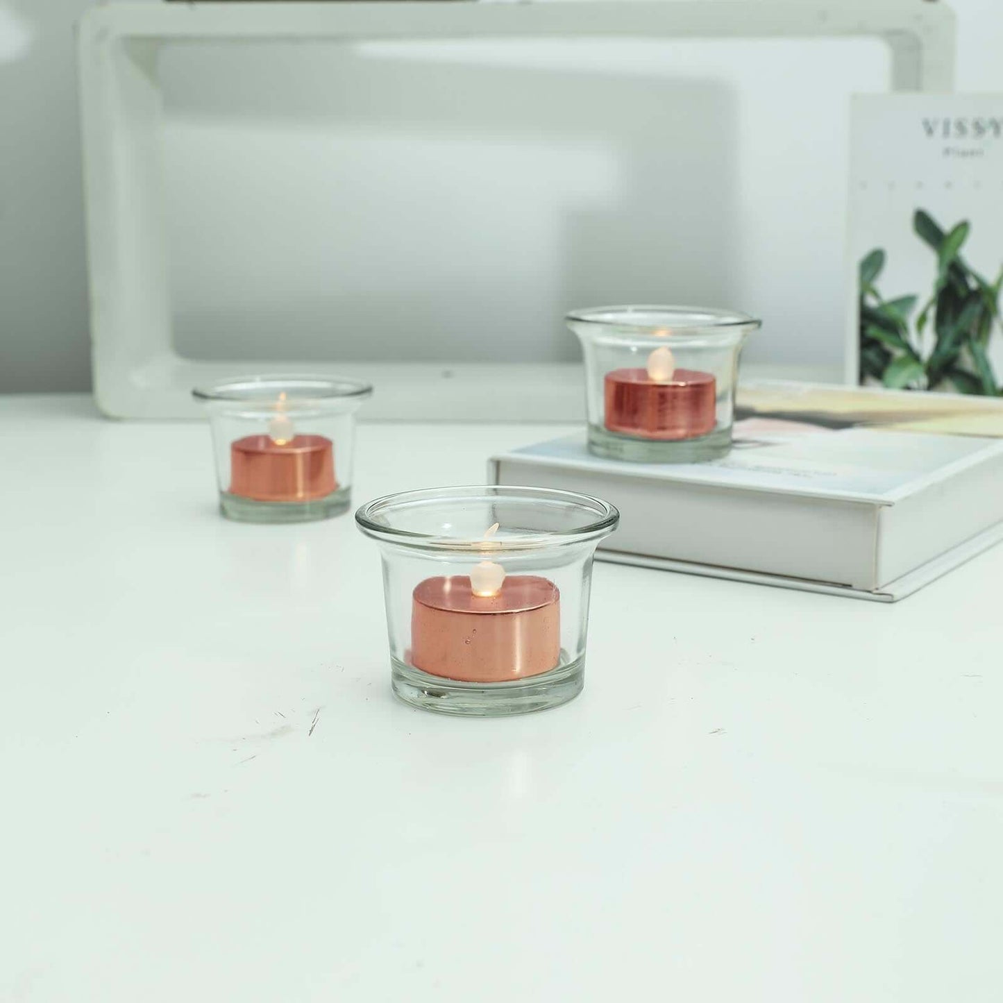 12 - Pack LED Tealight Candles Rose Gold Metallic Design - Reusable Flameless Battery Operated Lights - Linen Luxes