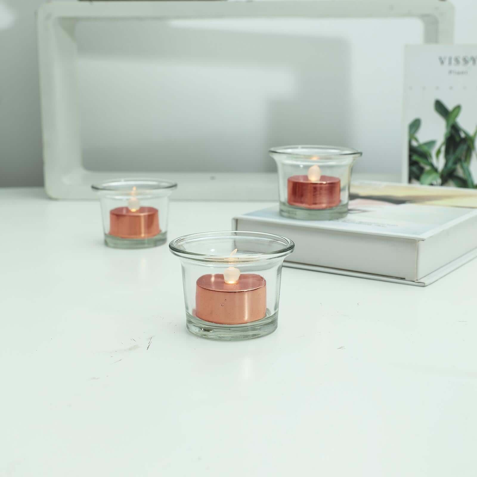 12 - Pack LED Tealight Candles Rose Gold Metallic Design - Reusable Flameless Battery Operated Lights - Linen Luxes