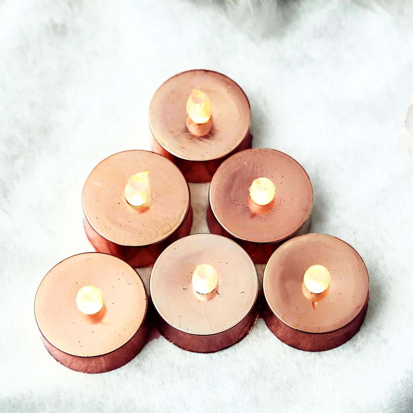 12 - Pack LED Tealight Candles Rose Gold Metallic Design - Reusable Flameless Battery Operated Lights - Linen Luxes