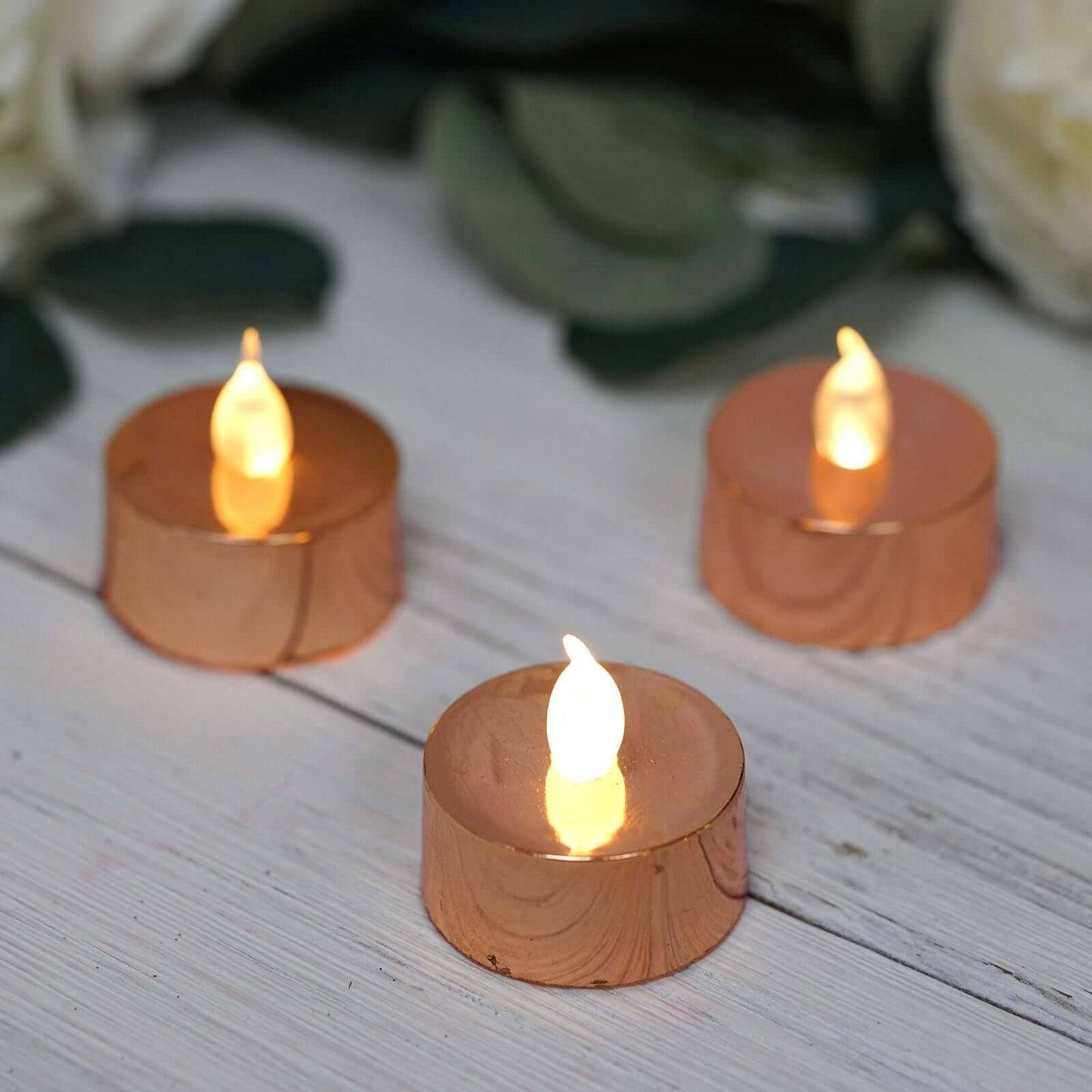 12 - Pack LED Tealight Candles Rose Gold Metallic Design - Reusable Flameless Battery Operated Lights - Linen Luxes
