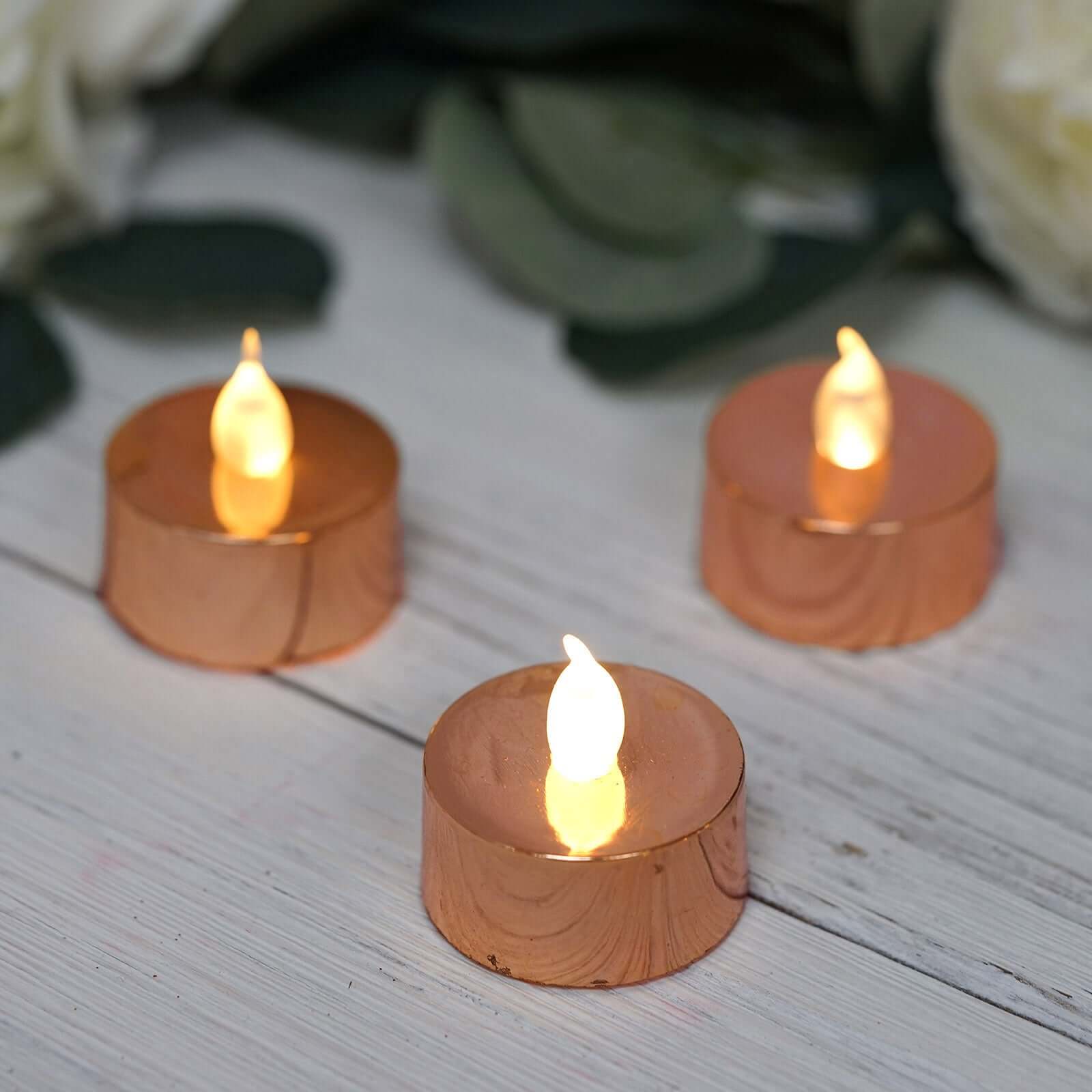 12 - Pack LED Tealight Candles Rose Gold Metallic Design - Reusable Flameless Battery Operated Lights - Linen Luxes