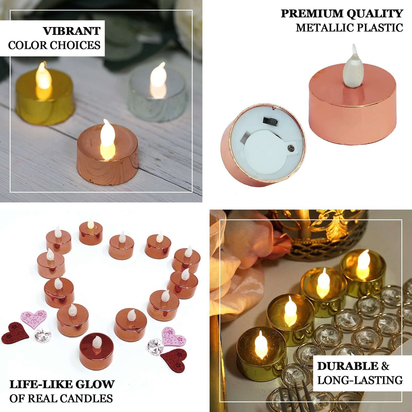 12 - Pack LED Tealight Candles Rose Gold Metallic Design - Reusable Flameless Battery Operated Lights - Linen Luxes