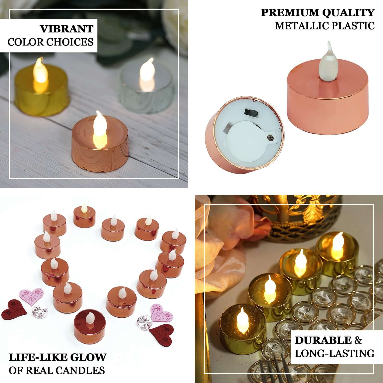 12 - Pack LED Tealight Candles Rose Gold Metallic Design - Reusable Flameless Battery Operated Lights - Linen Luxes