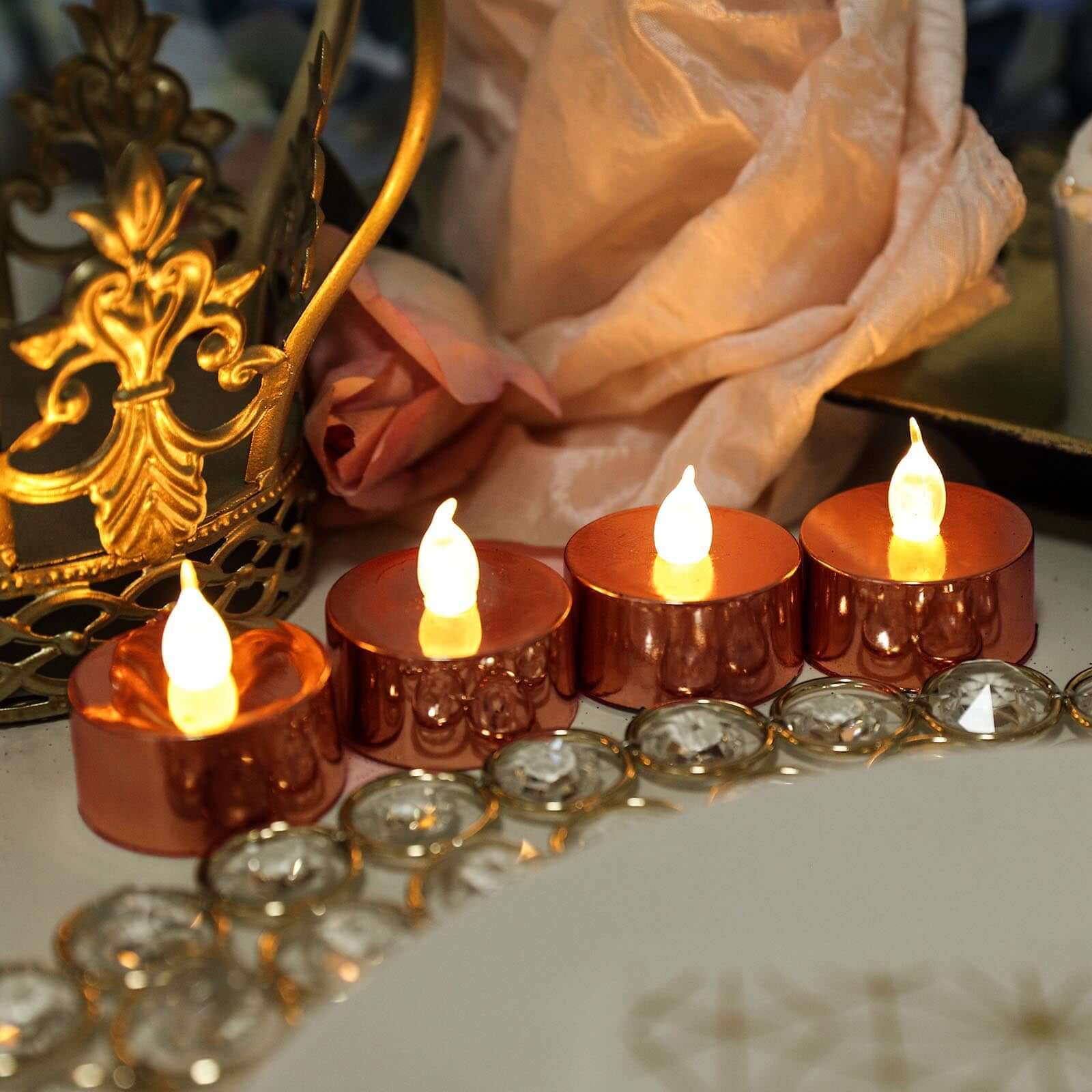12 - Pack LED Tealight Candles Rose Gold Metallic Design - Reusable Flameless Battery Operated Lights - Linen Luxes