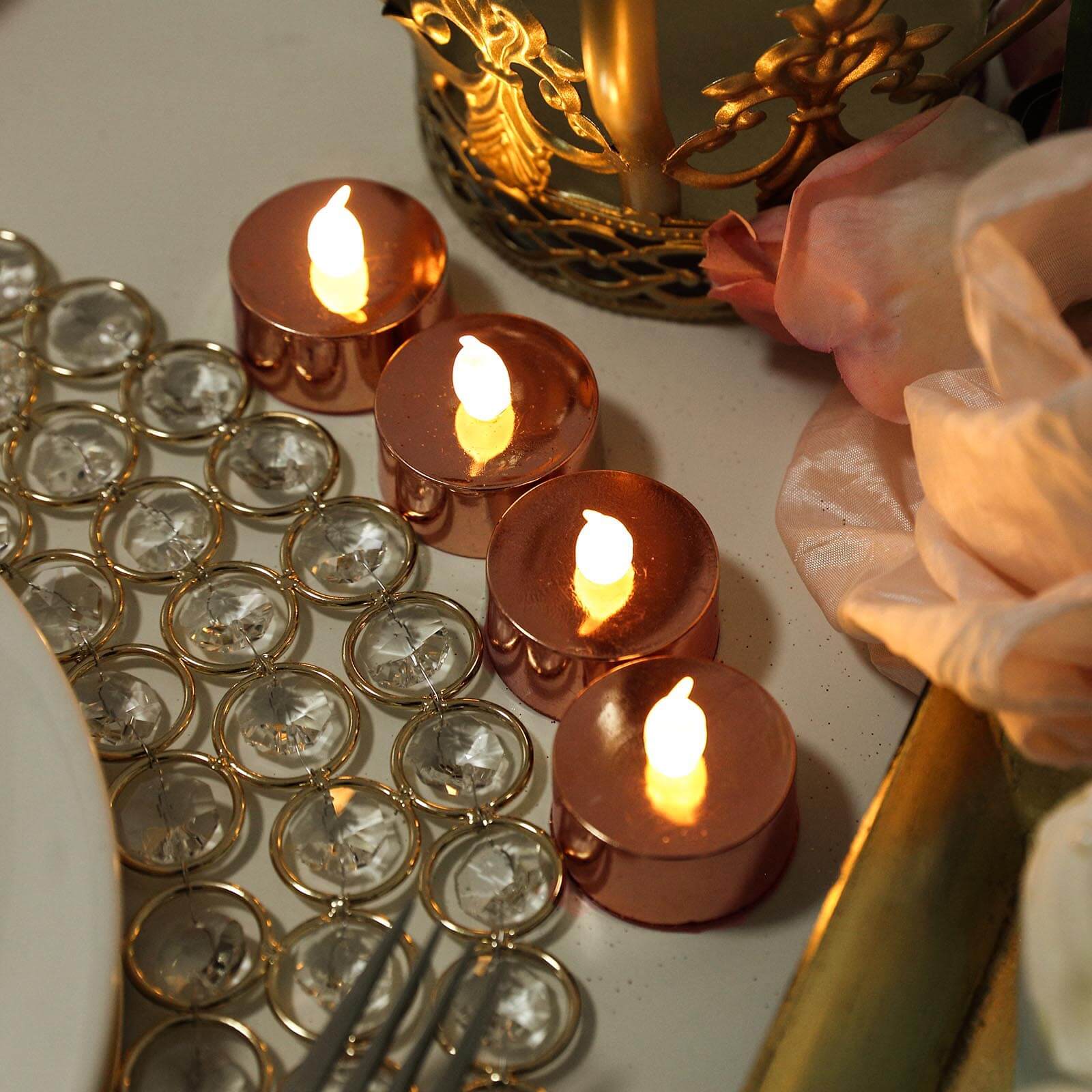 12 - Pack LED Tealight Candles Rose Gold Metallic Design - Reusable Flameless Battery Operated Lights - Linen Luxes