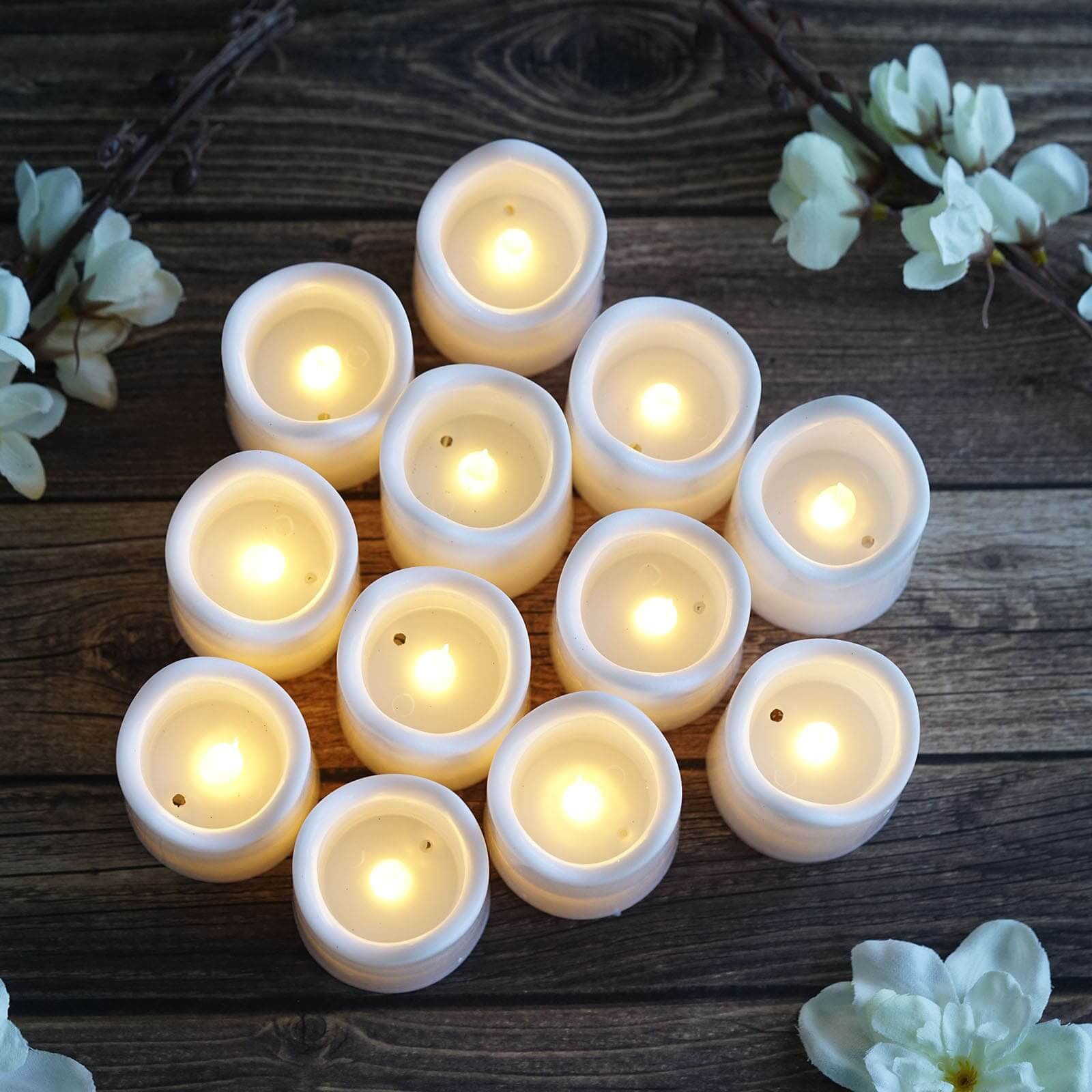 12 - Pack LED Votive Candles Classic White Design - Reusable Flameless Battery Operated Lights - Linen Luxes