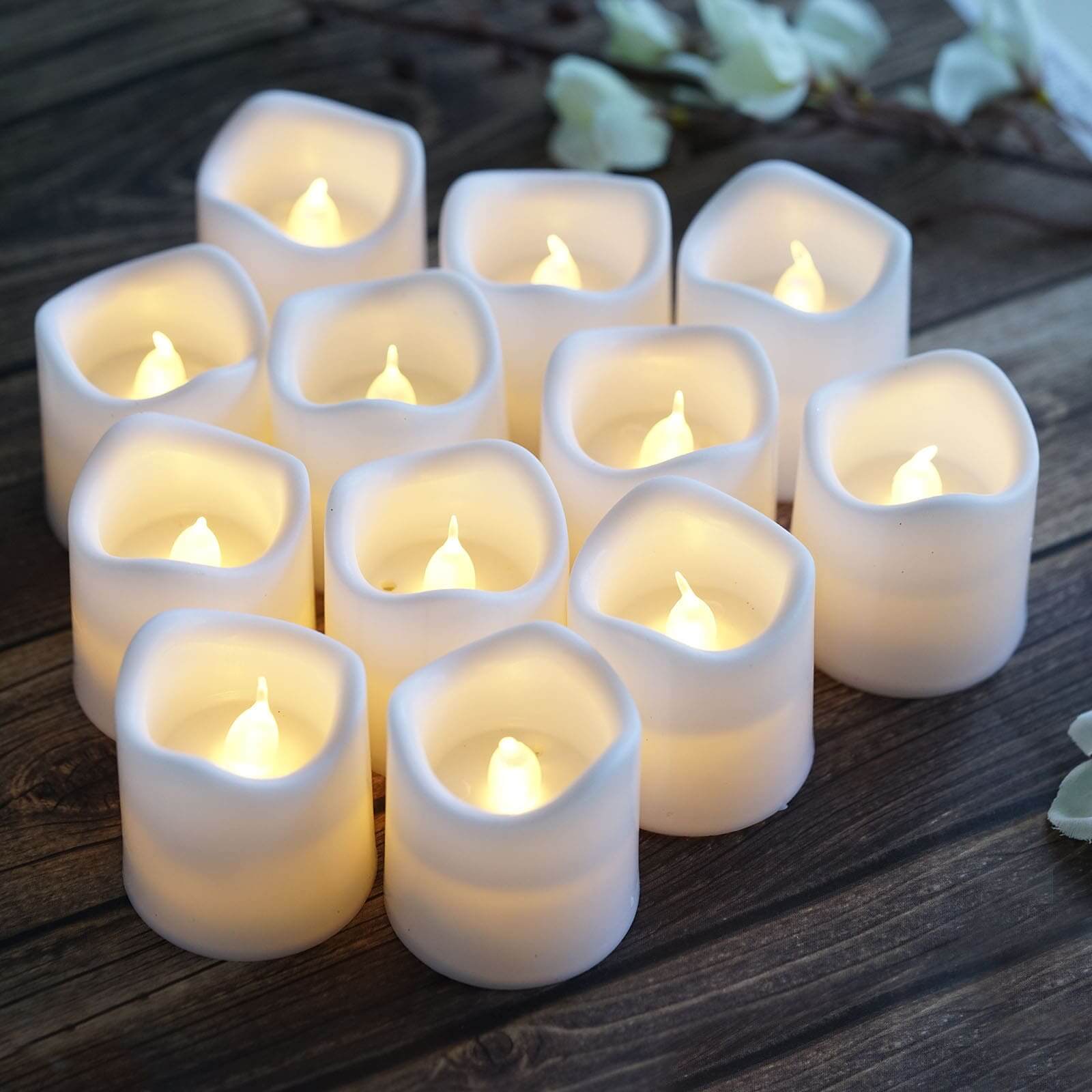 12 - Pack LED Votive Candles Classic White Design - Reusable Flameless Battery Operated Lights - Linen Luxes