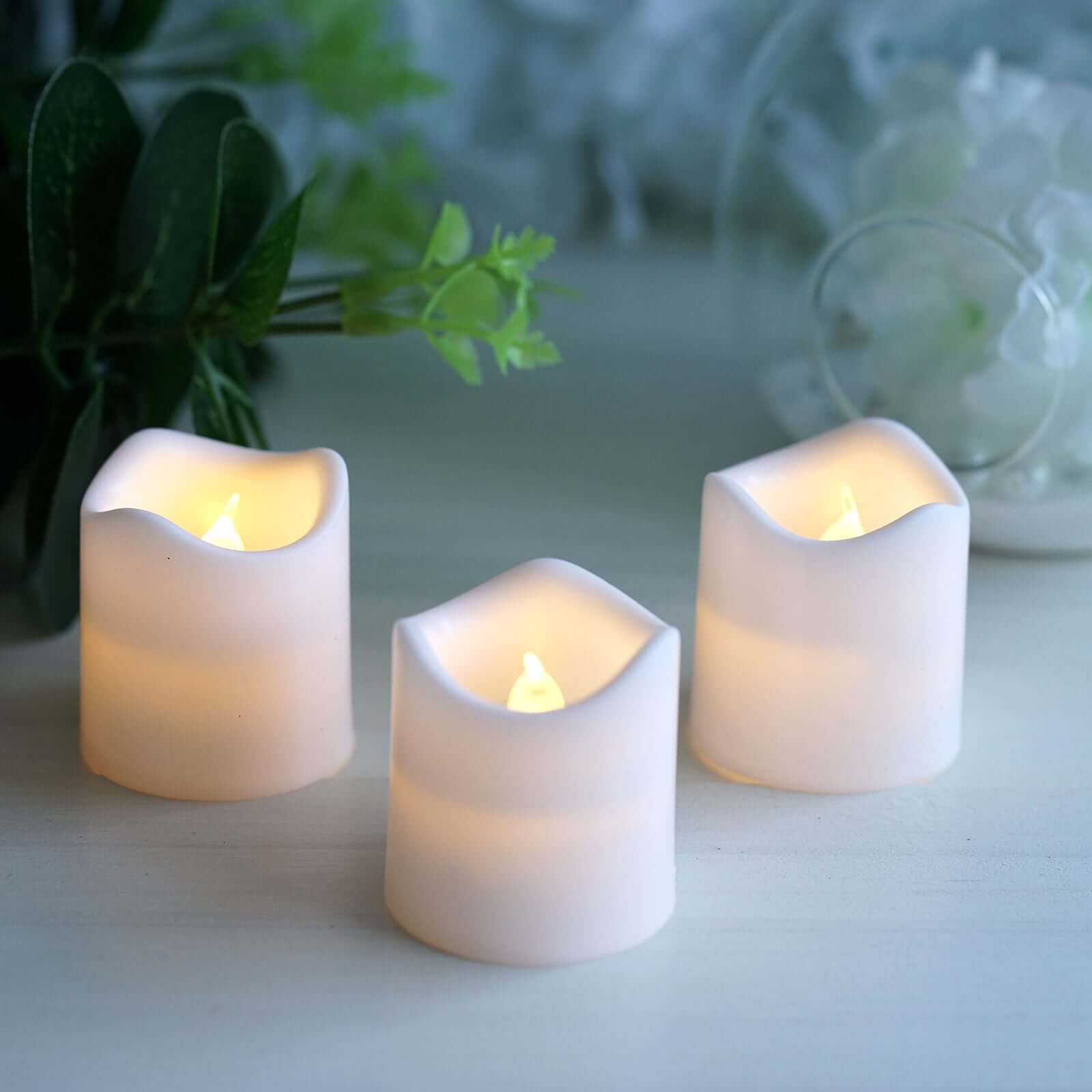 12 - Pack LED Votive Candles Classic White Design - Reusable Flameless Battery Operated Lights - Linen Luxes