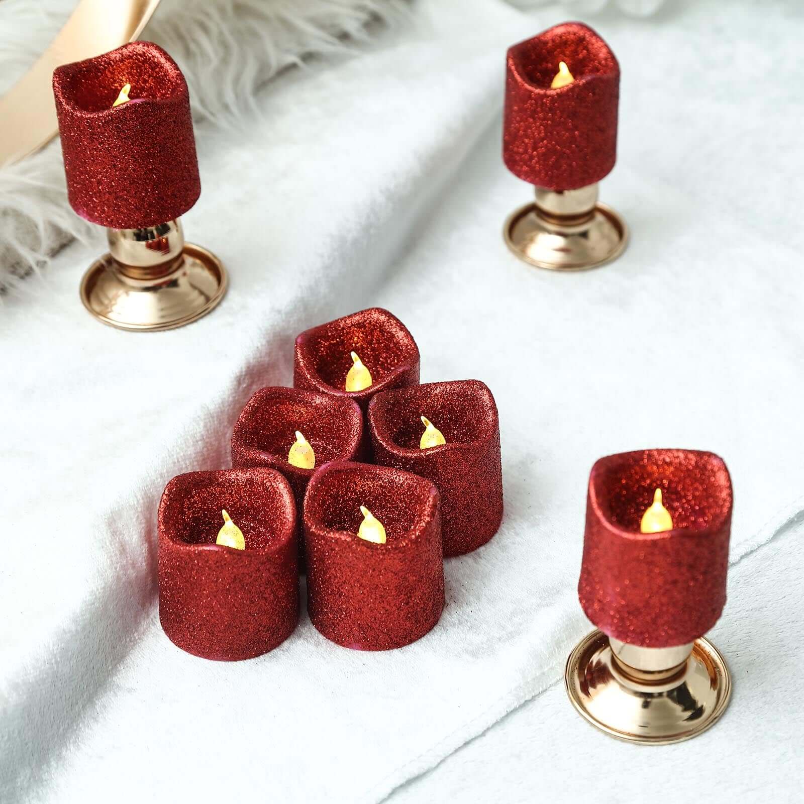 12 - Pack LED Votive Candles Glittered Red Design - Reusable Flameless Battery Operated Lights - Linen Luxes