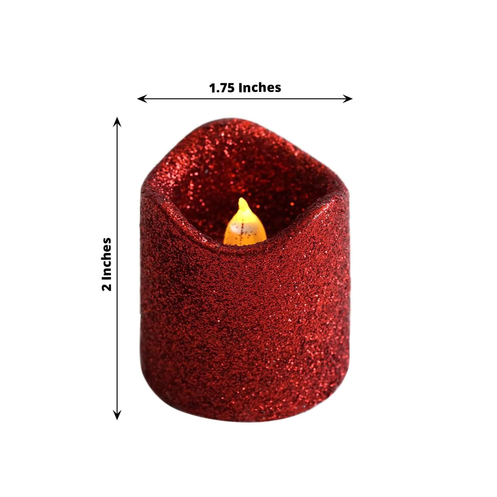 12 - Pack LED Votive Candles Glittered Red Design - Reusable Flameless Battery Operated Lights - Linen Luxes