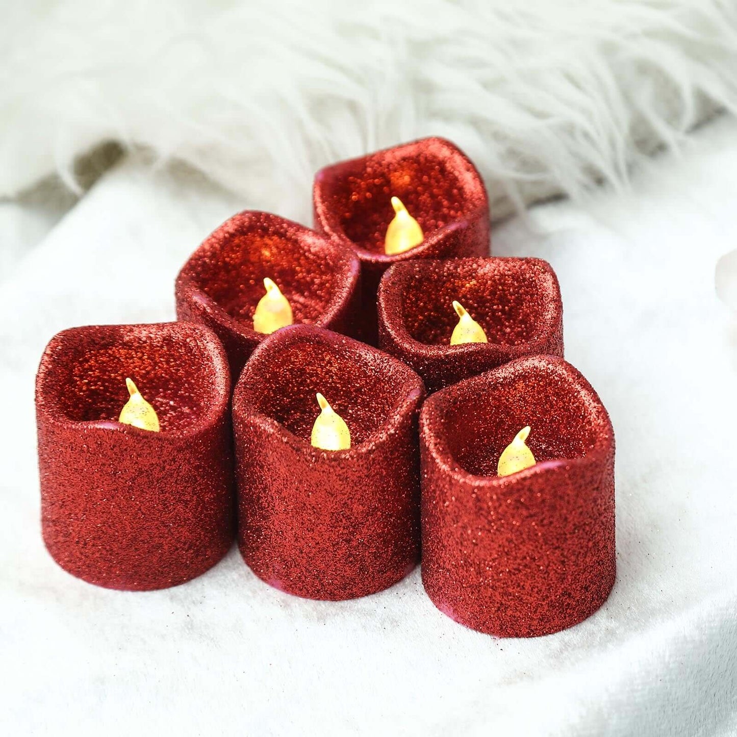12 - Pack LED Votive Candles Glittered Red Design - Reusable Flameless Battery Operated Lights - Linen Luxes