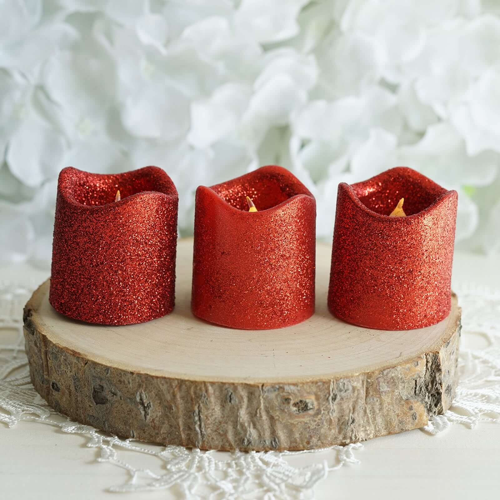 12 - Pack LED Votive Candles Glittered Red Design - Reusable Flameless Battery Operated Lights - Linen Luxes