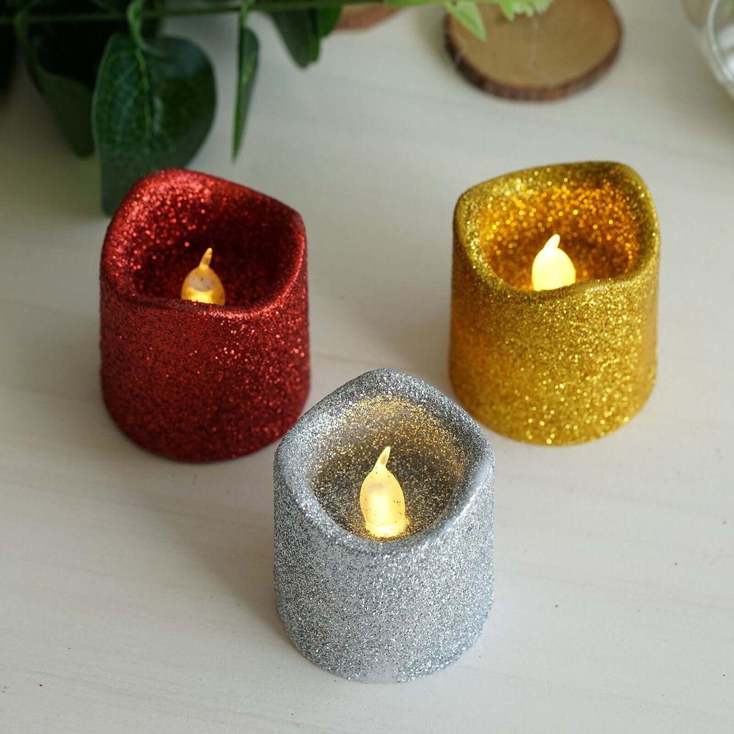 12 - Pack LED Votive Candles Glittered Red Design - Reusable Flameless Battery Operated Lights - Linen Luxes