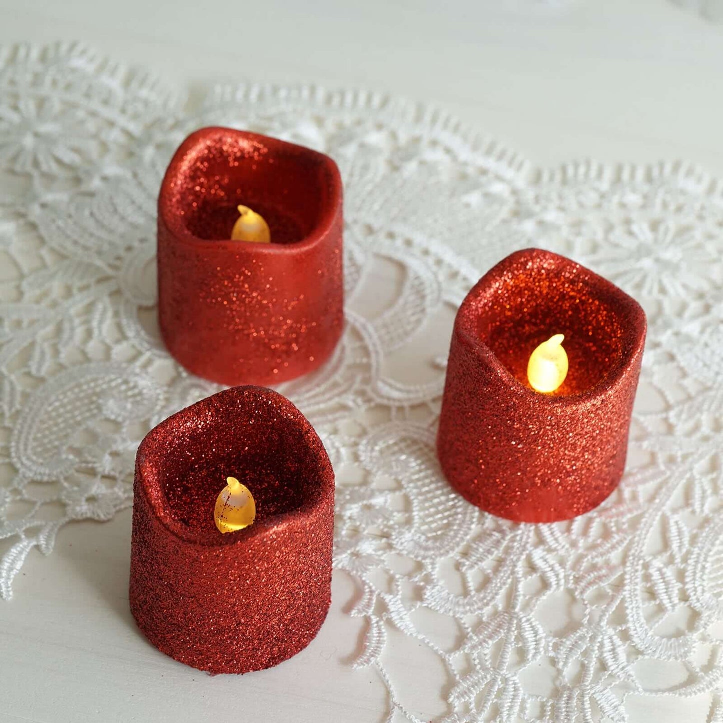 12 - Pack LED Votive Candles Glittered Red Design - Reusable Flameless Battery Operated Lights - Linen Luxes